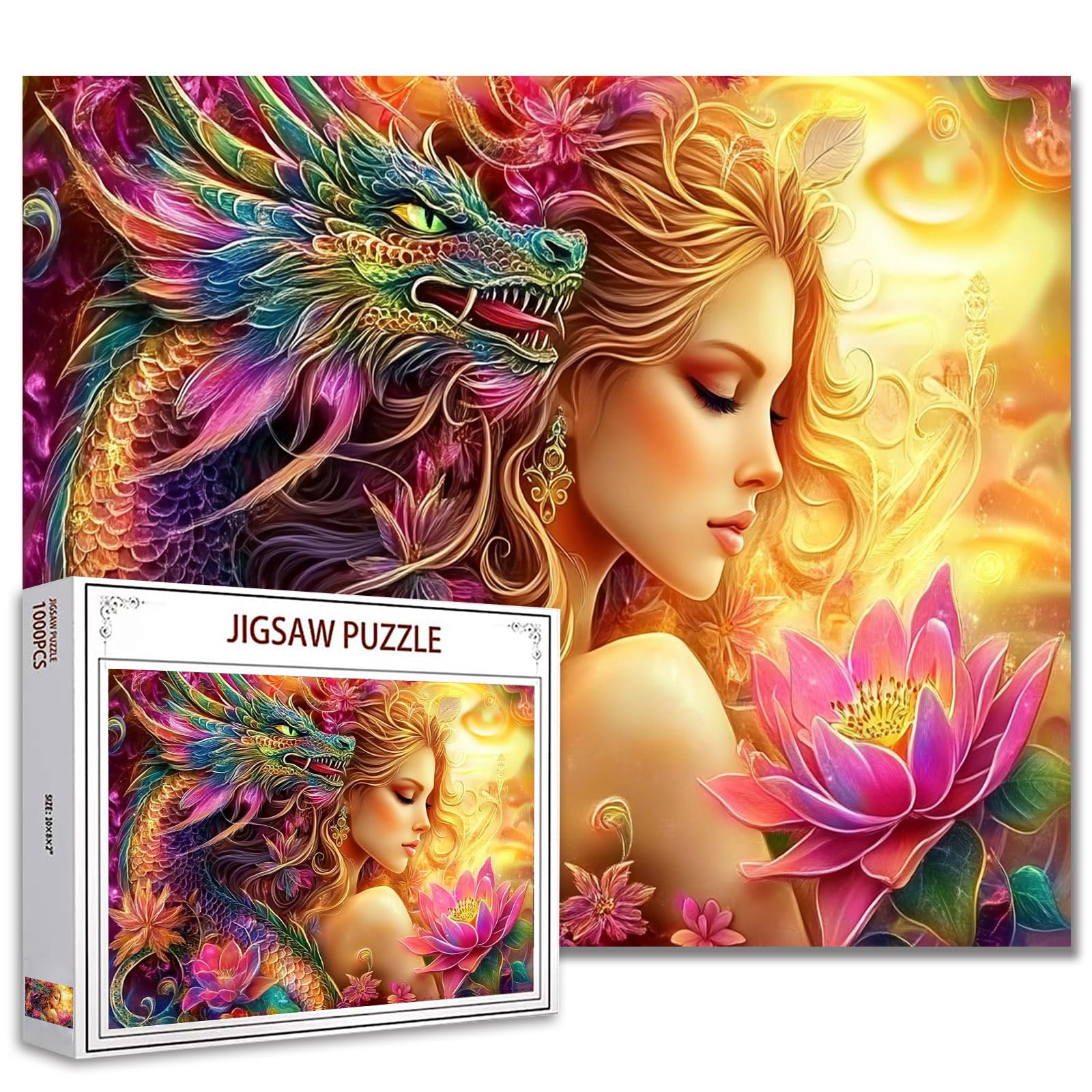 1000 Piece Jigsaw Puzzles for Adults Beauty and Green Dragon Jigsaw Puzzle Lotus Flower Girl Fairy 1000 Pieces Puzzles Game Woman with Dragon Scenery Wall Decor DIY Craft Puzzle Art