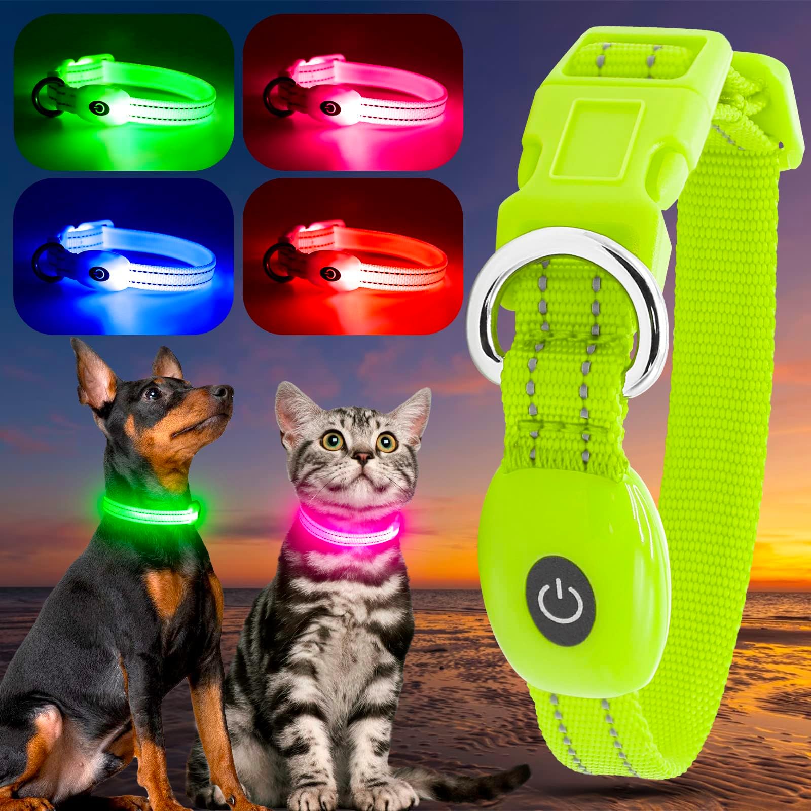 PetSol LED Dog Collar in Green USB Rechargeable Flashing Light Safety Collar for Dogs, Cats