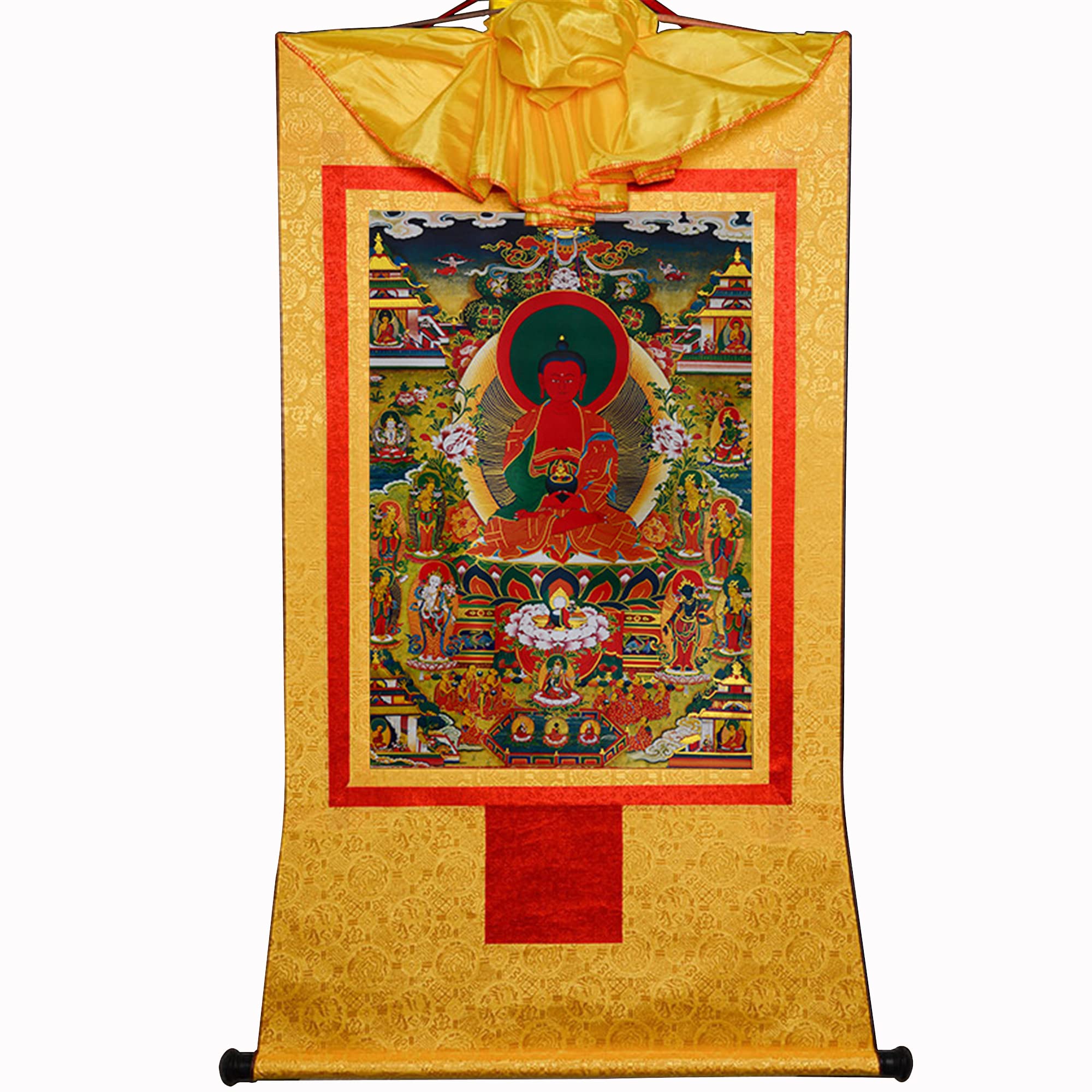 Gandhanra Yellow Tibetan Buddhist Thangka Wall Hanging,Amitabha Pure Land Thangka - Elysium Of Buddhism,Hot Stamped Brocade Buddhist Tapestry For Zen Home Decor, Meditation, Spiritual Relaxation