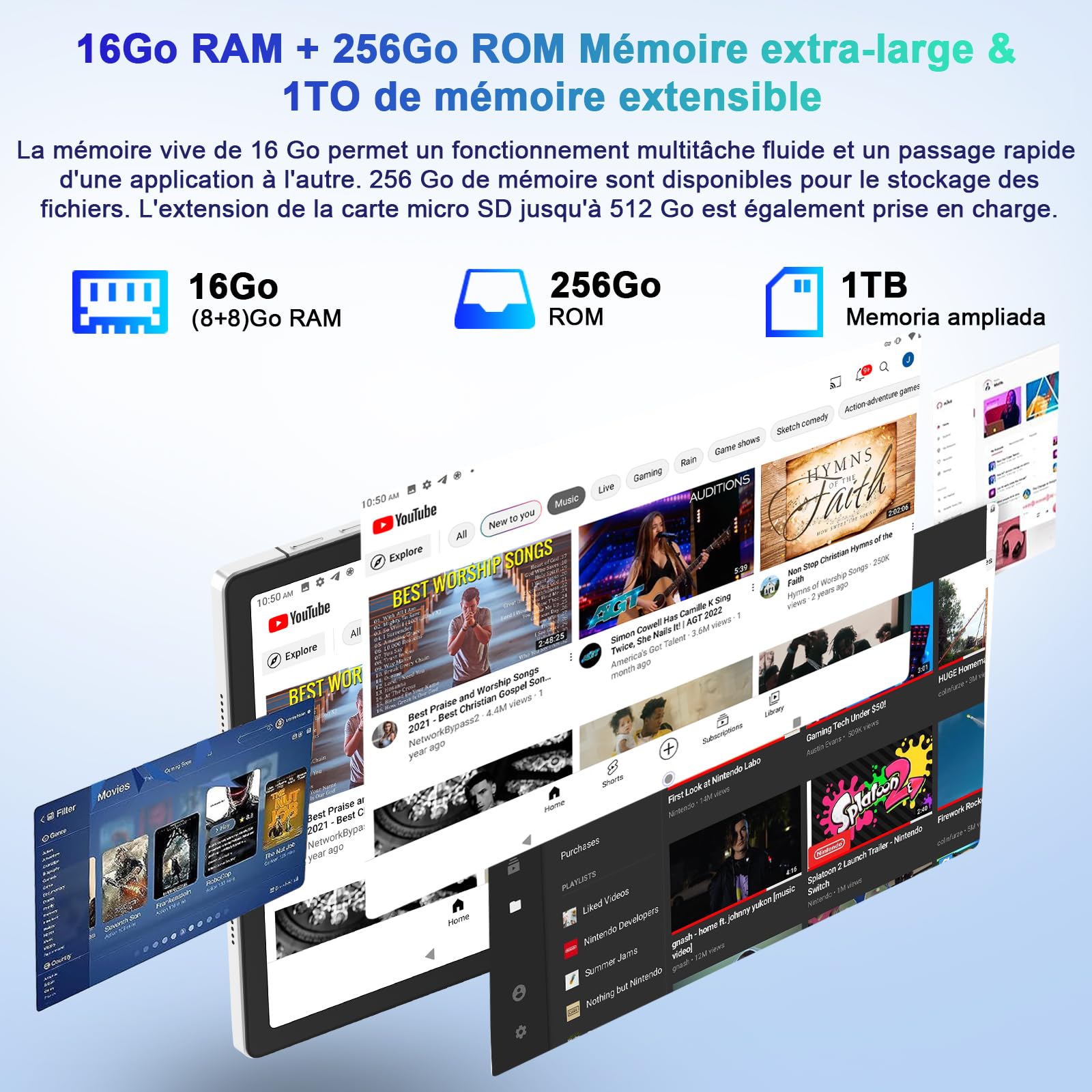 Tablette 11 Pouces Gemini AI Android 16 Go RAM+256 Go ROM (TF 2 to), Tablette Tactiles avec Processeur Octa-Core 2.0 GHz, 5G WiFi,BT5.0,10000mAh, 8+20MP, Tablette - Argenté