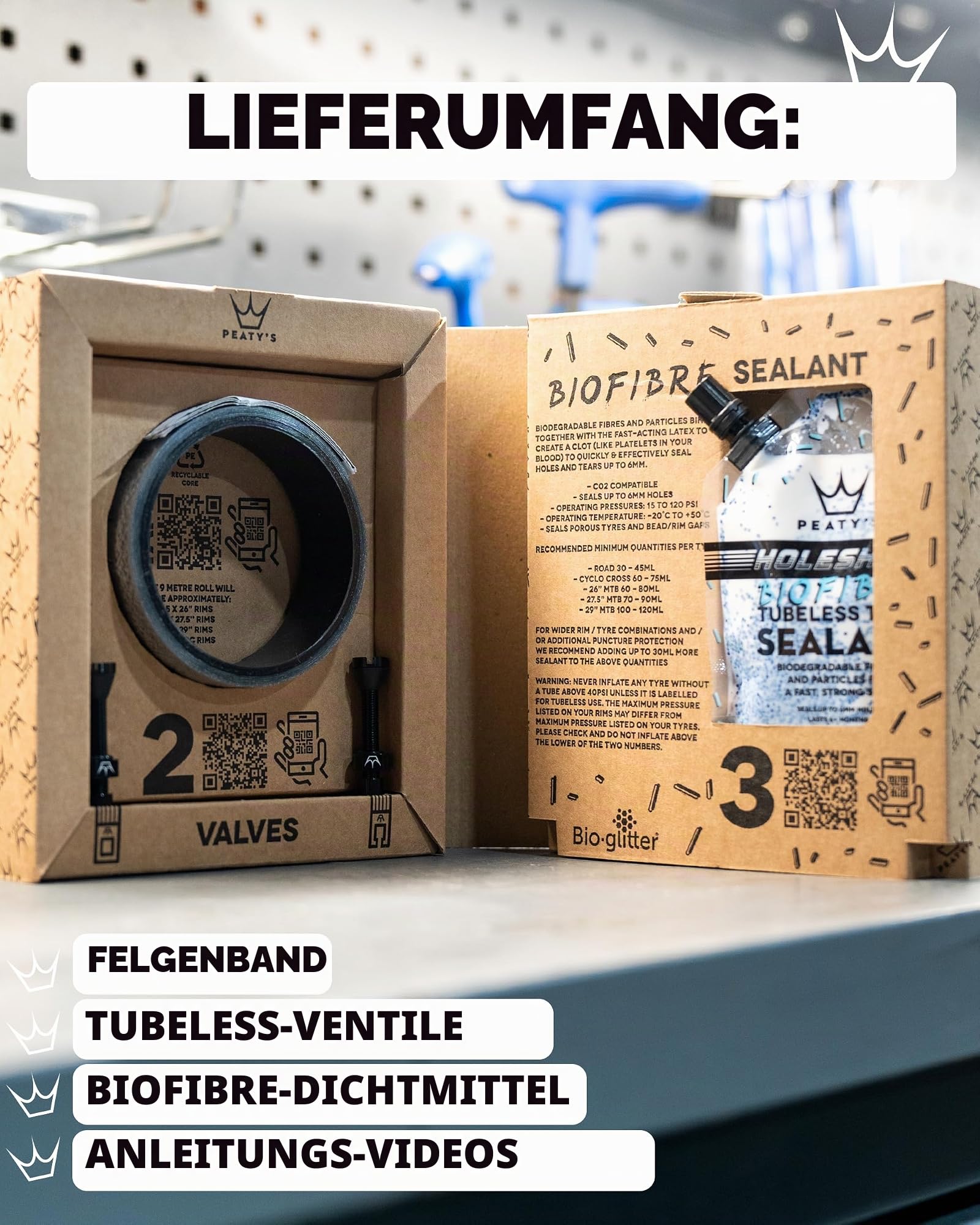 Peaty's Holeshot Tubeless-Umrüstkit - XC und Trail, 25mm Felgenband, 42mm Tubeless Ventil, 2 x 120ml Biofibre Reifendichtmittel Fahrrad, Felgen- und Pannenschutz Fahrrad, Zubehör für Reifen & Felgen