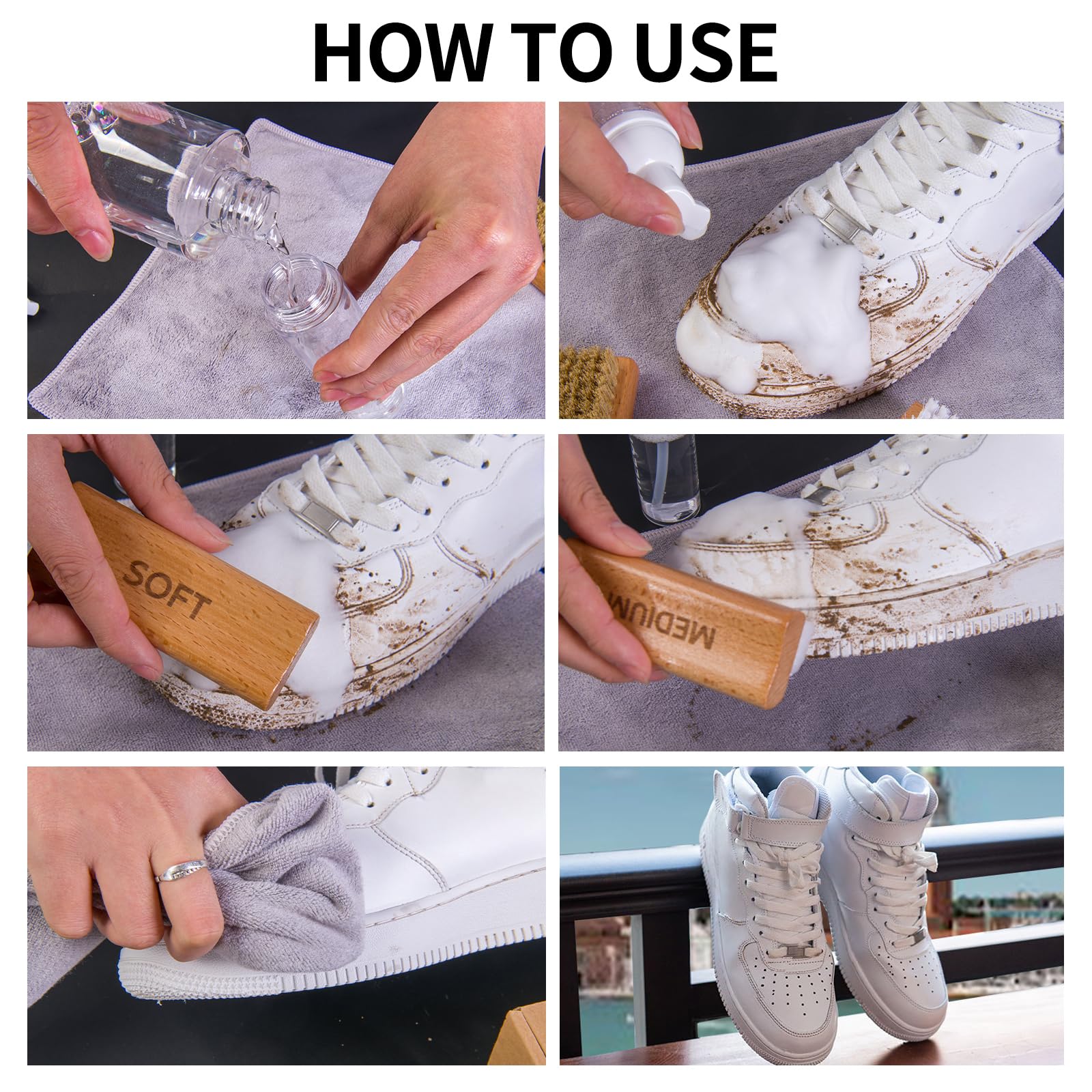 Juego de limpieza de zapatos para zapatillas, 240 ml, con cepillos y toalla, color blanco