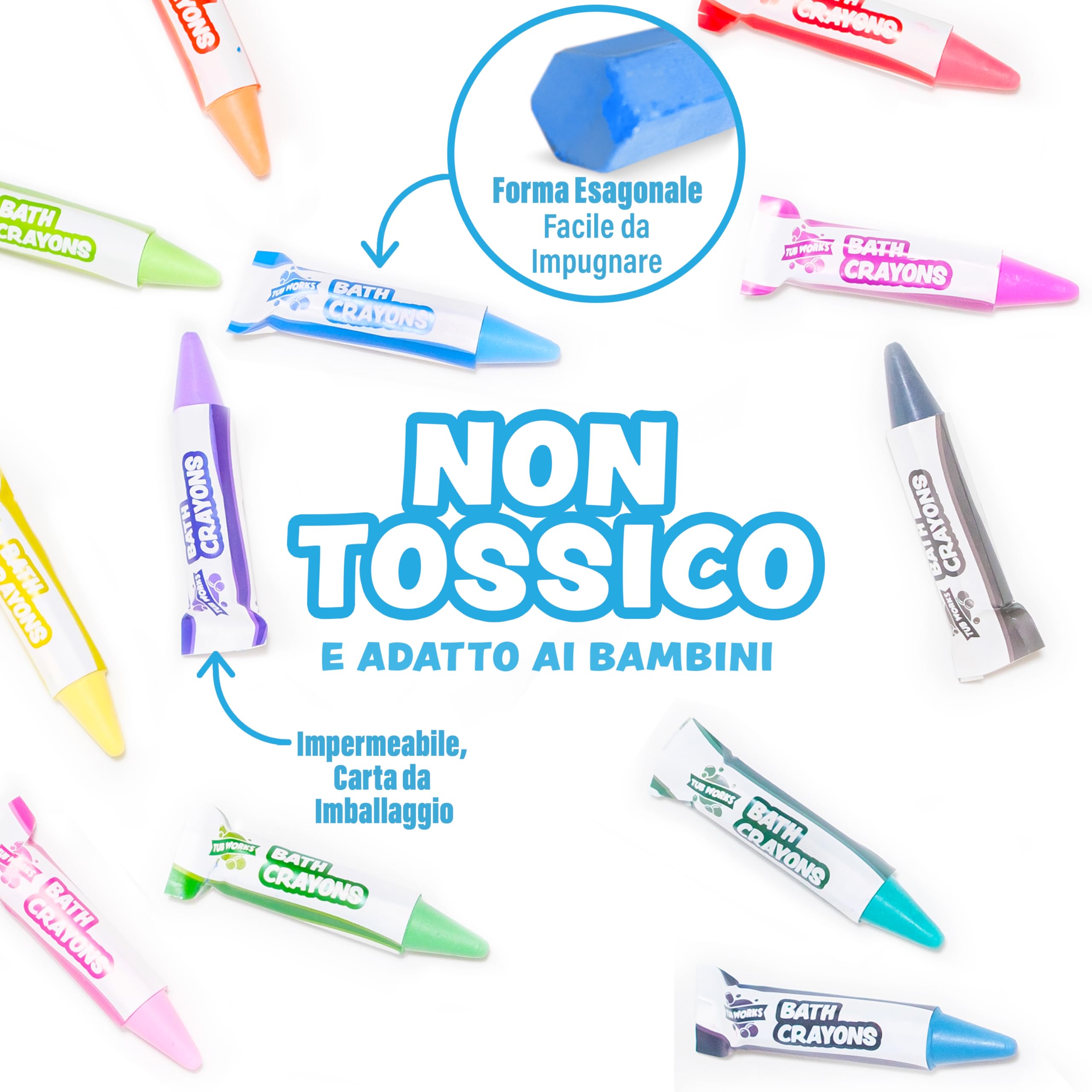 Tub Works® Pastelli da bagno, giocattolo per il bagno, confezione da 12 | Matite da bagno atossiche e lavabili per bambini | Disegna sulle pareti della vasca bagnata e asciutta | Forma esagonale