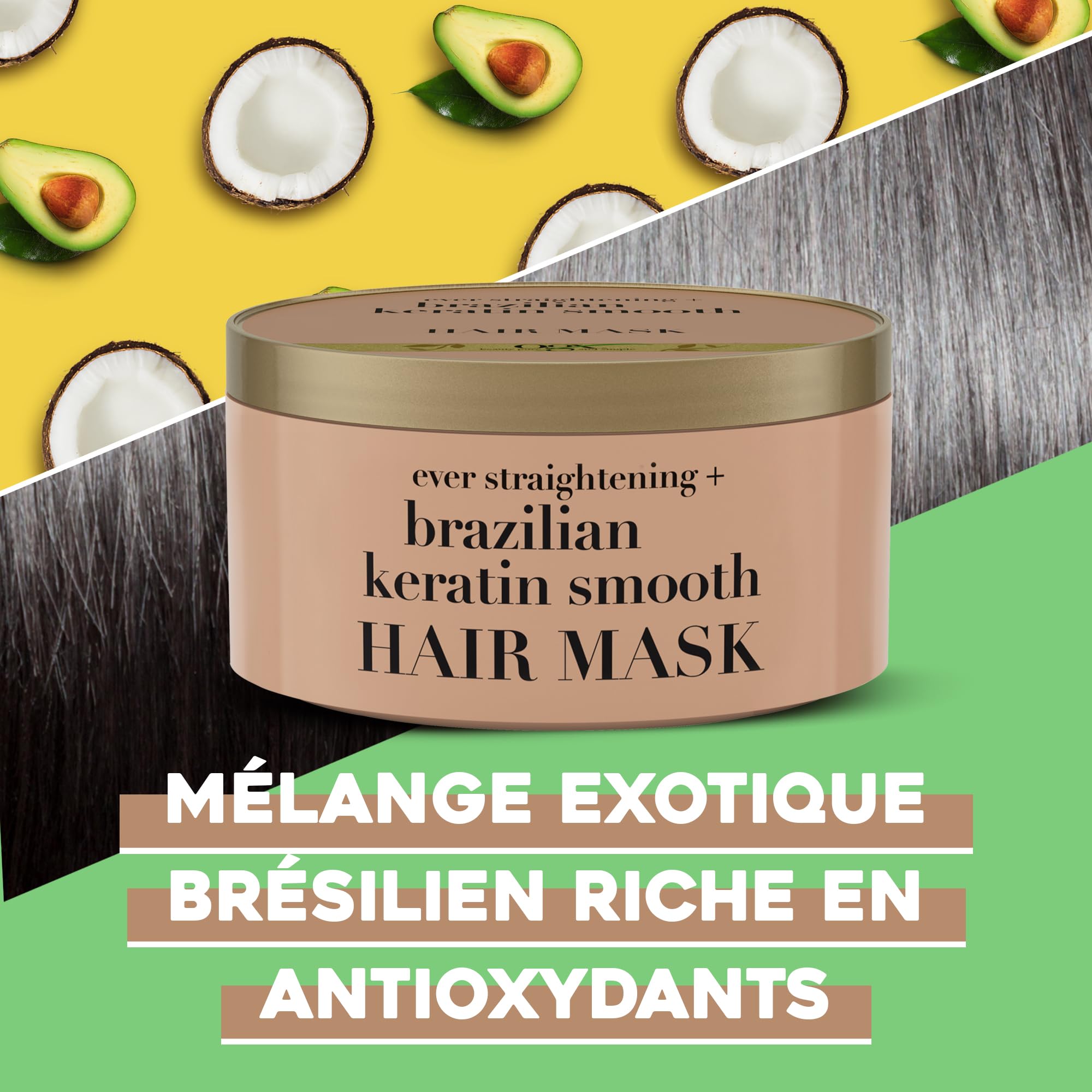 OGX | Masque pour les cheveux lissant à la kératine brésilienne (pot de 300 ml) – Masque capillaire pour régénérer les cheveux et faciliter le coiffage – Masque pour des cheveux brillants et doux