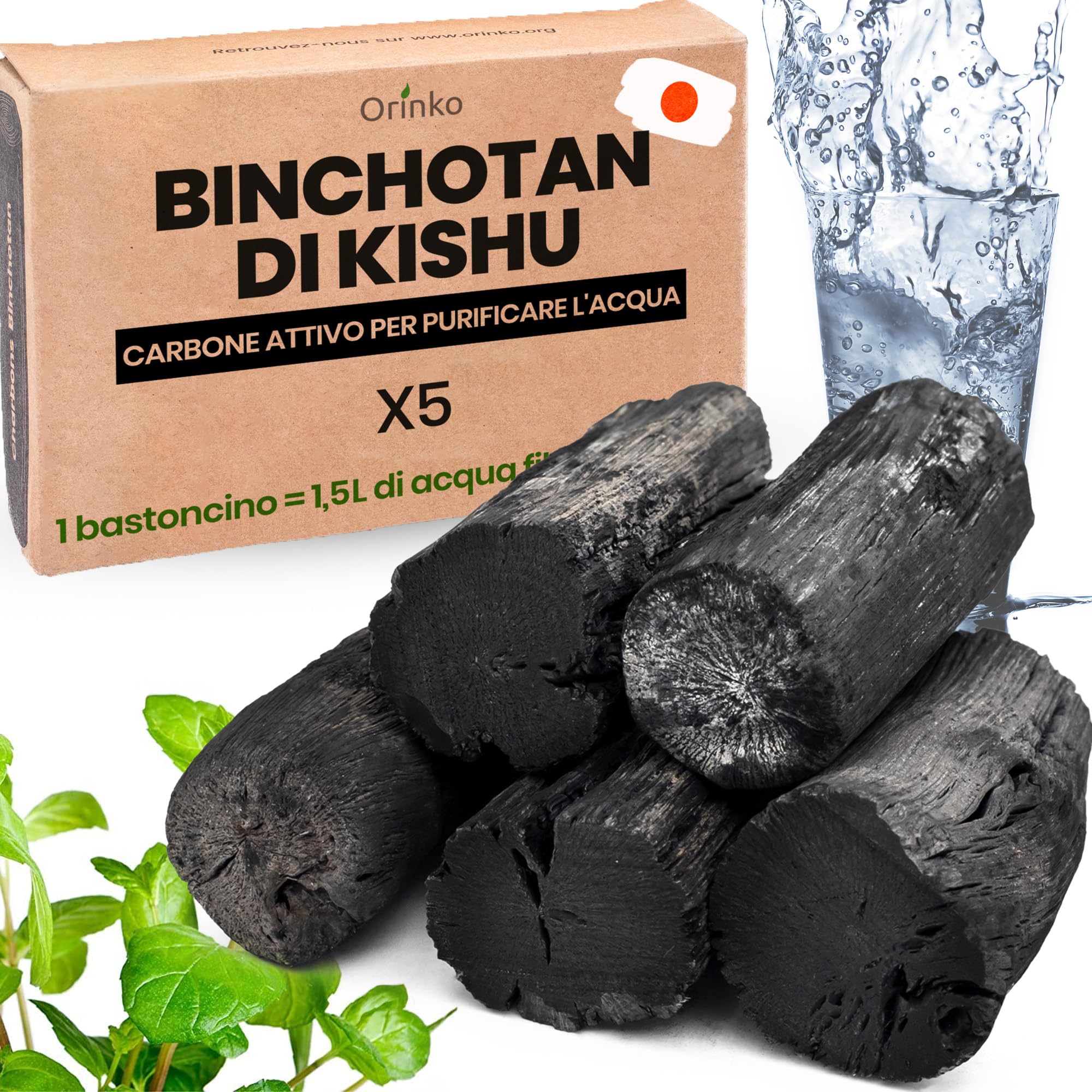 ORINKO® Binchotan Kishu - Filtro Acqua Carbone Attivo Giapponese x5 - Purificazione Naturale per Acqua - Carbone Vegetale Sostenibile per Caraffe e Rubinetti - Alternativa Ecologica per Acqua Pura