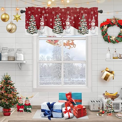 Cortina de ventana con bolsillo para cortinero para cocina, cortinas de panel de árbol de acebo de Navidad, muñeco de nieve para dormitorio, ventana