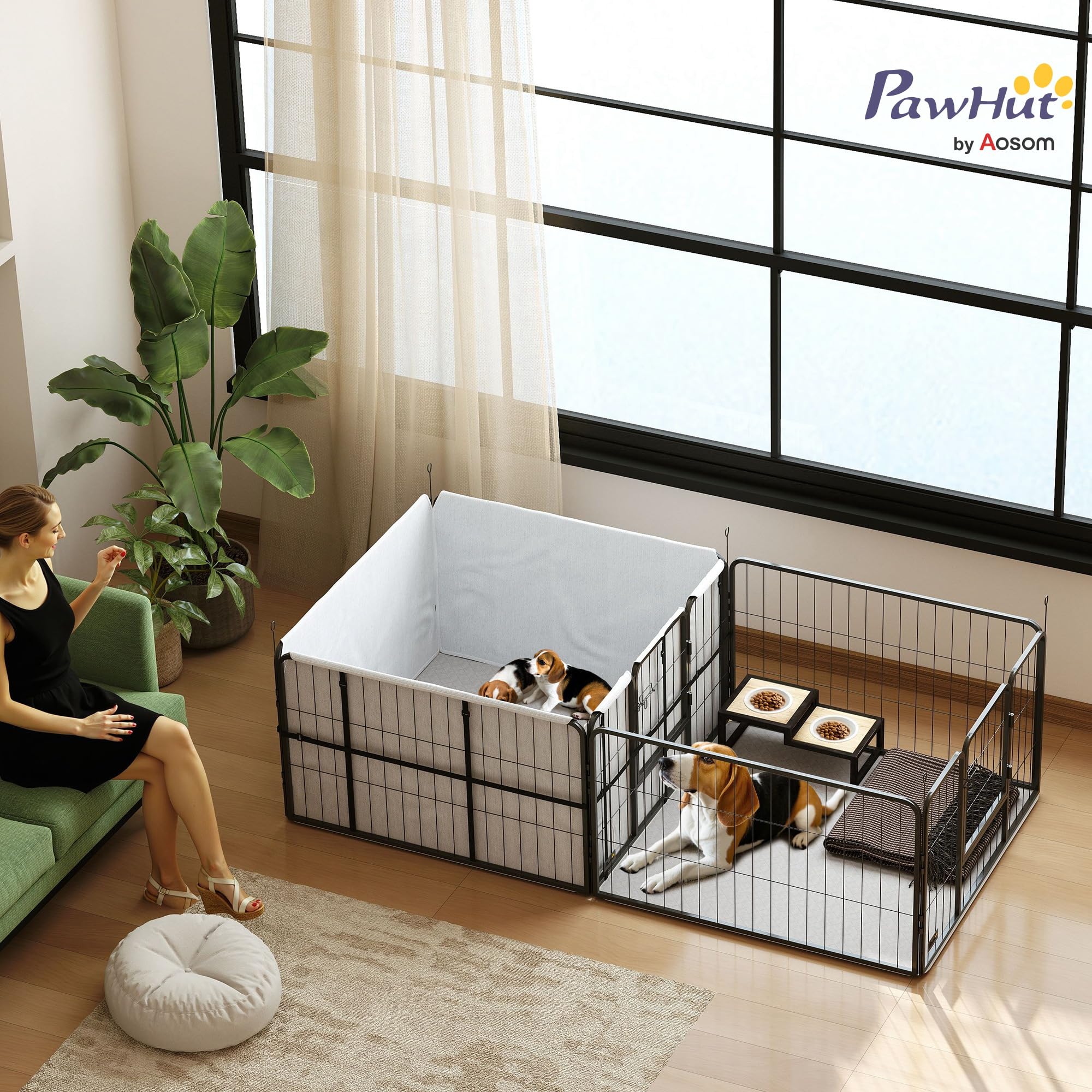 PawHut Caja para Cachorros, Parque para Cachorros con 7 Paneles, 2 Secciones, Alfombrilla Lavable, 2 Puertas, Parque para Perros pequeños y medianos 203 x 102 x 60 cm, Color Negro