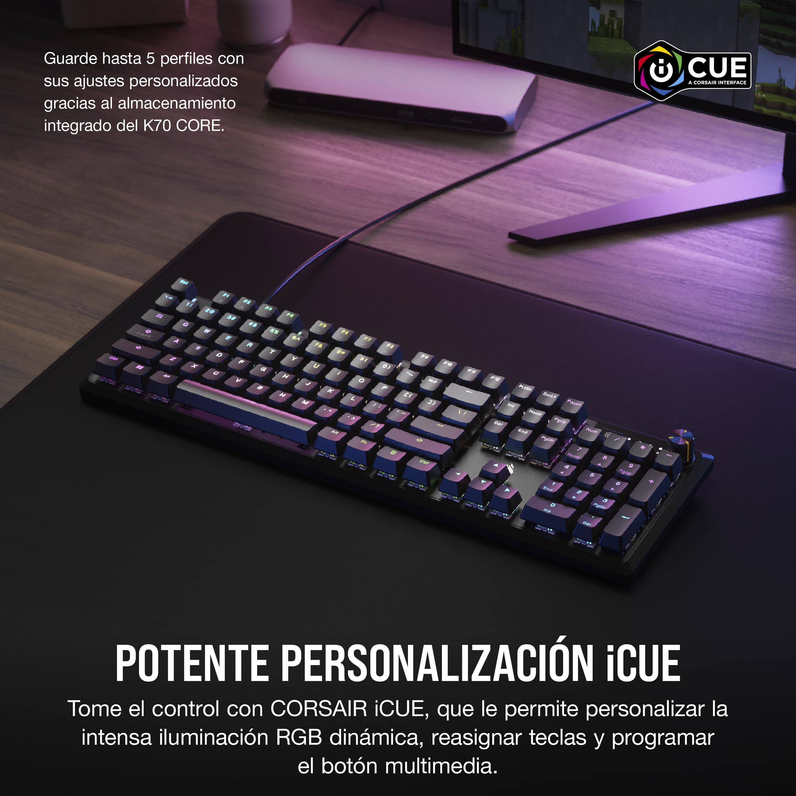 Corsair Teclado mecánico K70 CORE RGB para juegos, interruptores lineales rojos MLX prelubricados, amortiguación de sonido, esfera de control multimedia, compatible con iCUE