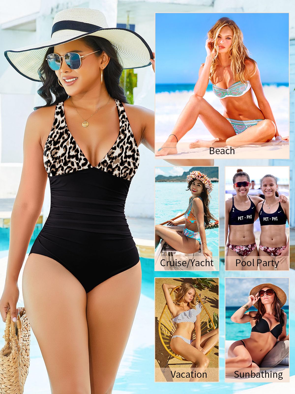 SHAPERIN Maillots Une Pièce Femme Ventre Plat Sexy Maillot de Bain Push Up Col V Profond Ruched Amincissante Beachwear Monokini