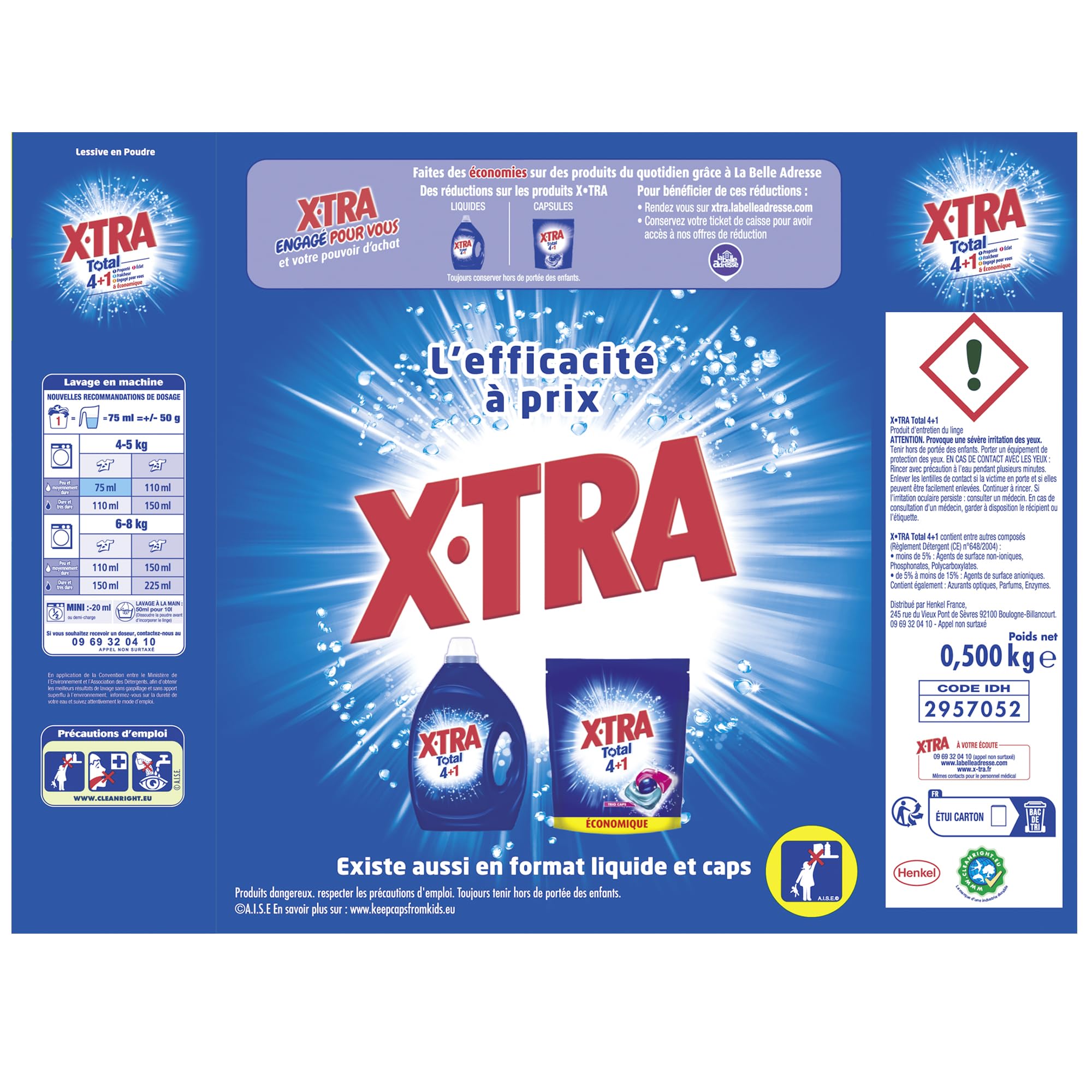 X, Tra Total - Lessive Poudre - 4 plus 1 - Propreté - Eclat - Fraîcheur - Engagé pour vous - Economique - Une seule lessive pour tout votre linge - Efficace des 20°C - 10 mesures