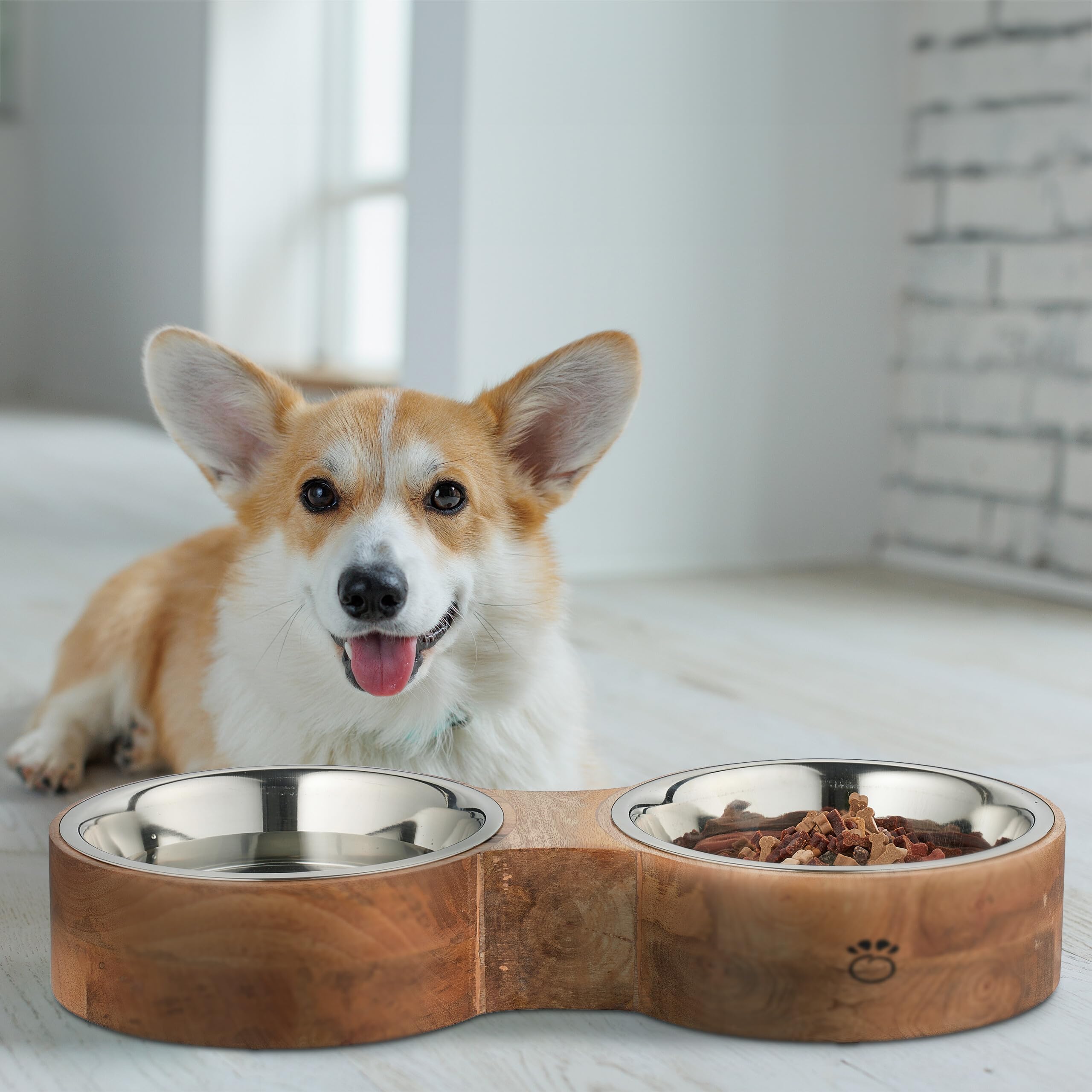 Relaxdays Support avec gamelles, Chiens, 2 Bols en Acier Inoxydable de 2,2 L, HxLxP : 8 x 48 x 22 cm, Nature - argenté