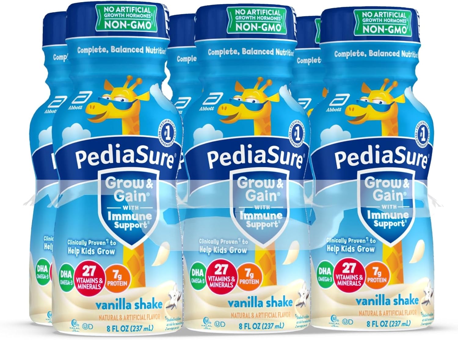 PediaSure Grow & Gain with Immune Support, 27 Vitamins & Minerals for Kids, 7g Protein, Non-GMO, Gluten-Free, Vanilla, 8-fl-oz Bottle, Pack of 6