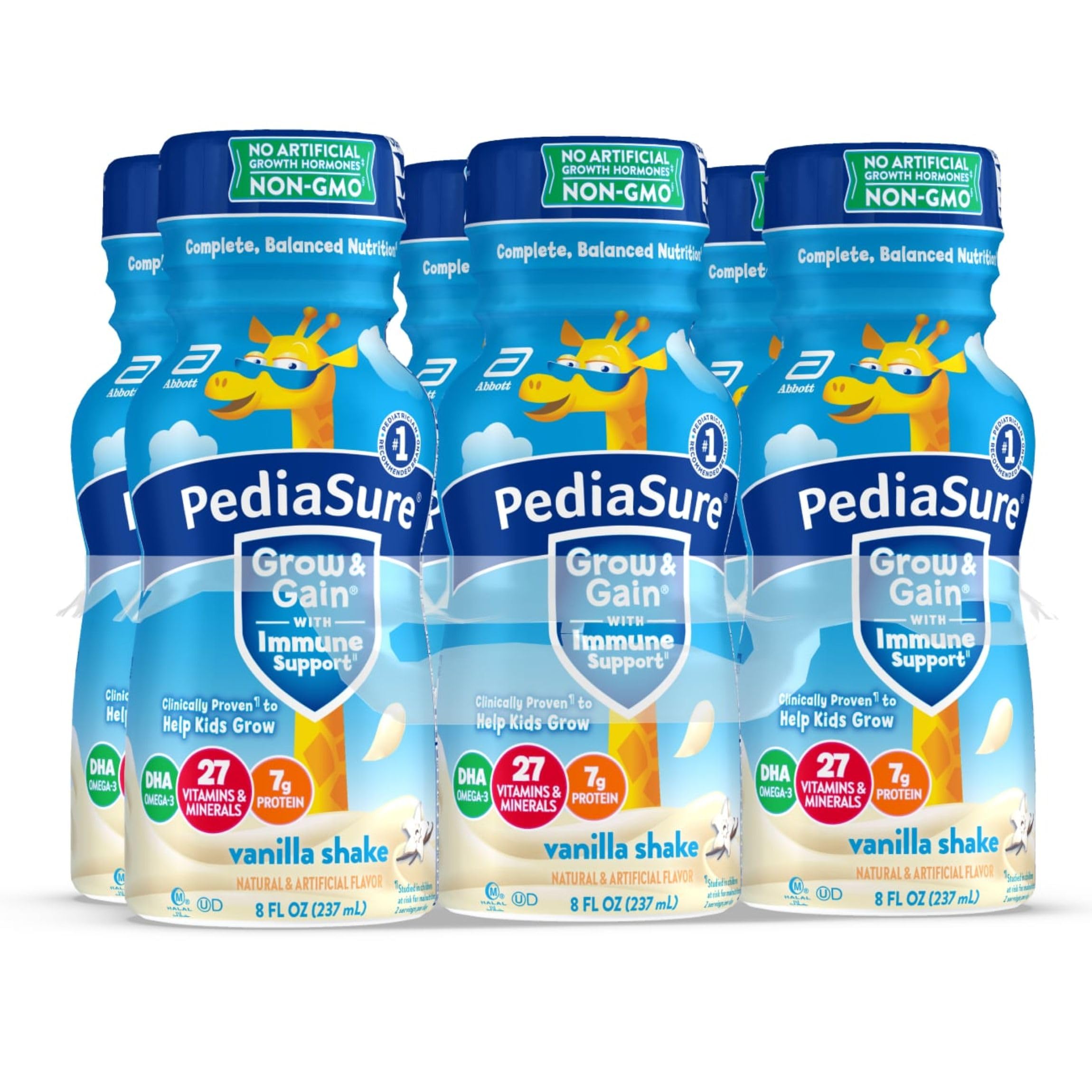 PediaSure Grow & Gain with Immune Support, 27 Vitamins & Minerals for Kids, 7g Protein, Non-GMO, Gluten-Free, Vanilla, 8-fl-oz Bottle, Pack of 6