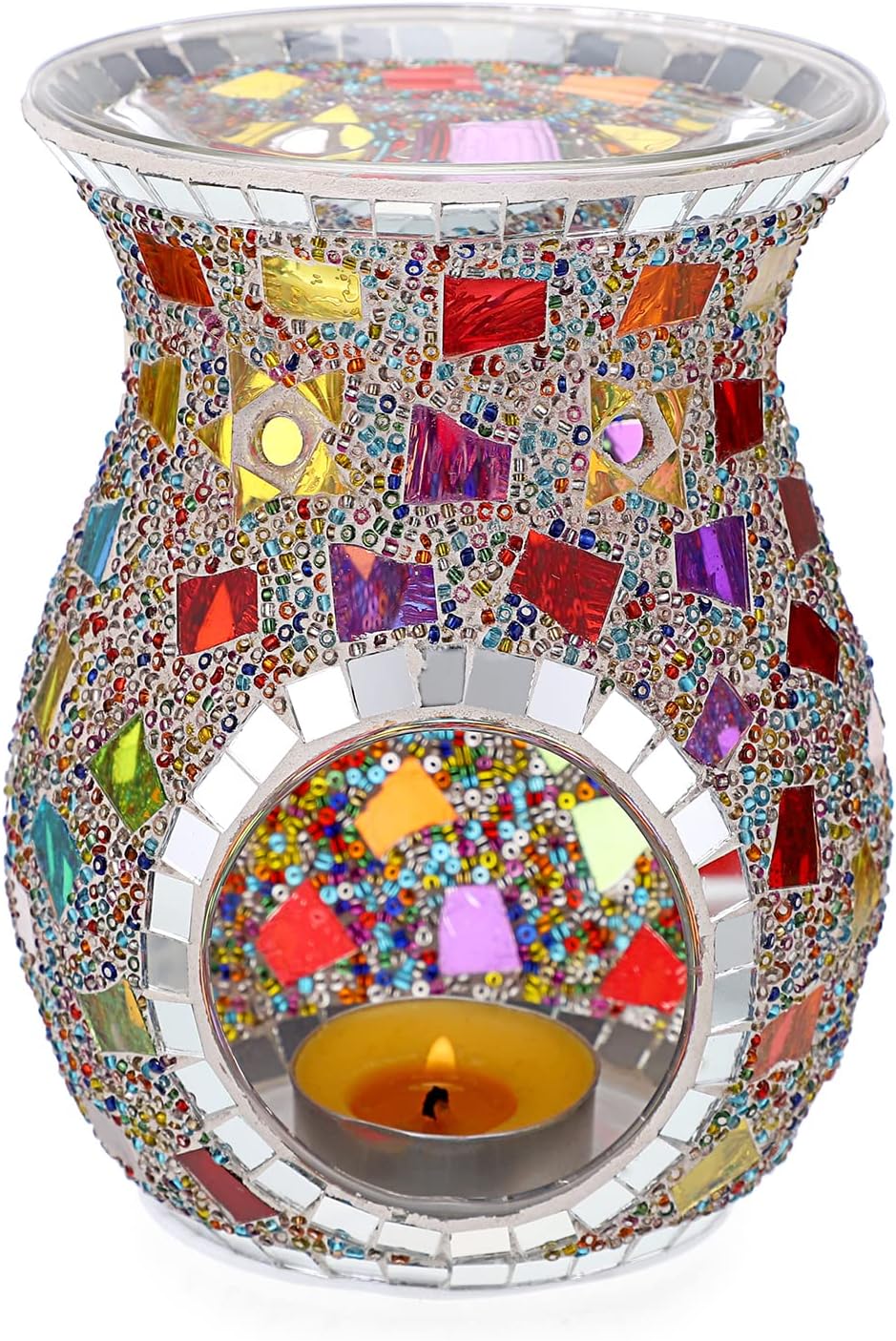 JUXYES Charming Mosaic Essential Oil Burner, Tea Light Wax Melt Warmer for Scented Wax, Decorative Fragrance Oil Warmer Tealight Candle Holder, Incense Aroma Diffuser for Home Table Decoration