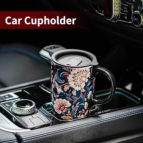 Miniatura 2 de Topadorn Taza de café de cerámica Taza de café de viaje Taza de cerámica Latte Taza de té con tapa y caja de color 17 oz, flores