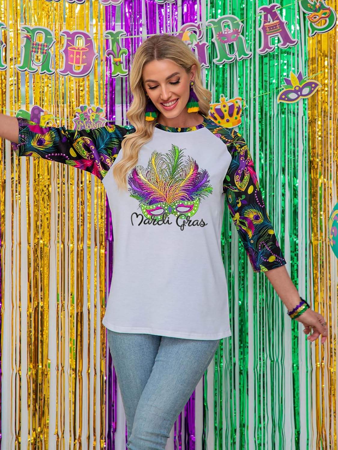 Women Mardi Shirt 3/4 Sleeve Fat Tuesday Tshirt New Orleans Party Mask Graphic Outfits - Image 5