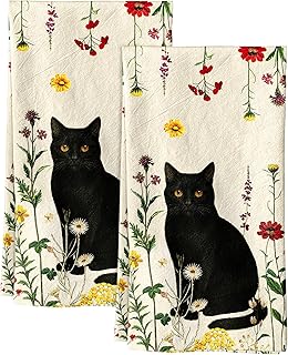 Miss Adola 150GSM Flour Sack Kitchen Towels Set of 2, Retro Cats Floral | 18"x26", Lightweight, Lint-Free, Pure Cotton, Decorative, with Hanging Loop, Absorbent, Softer after Wash, Giftable Package