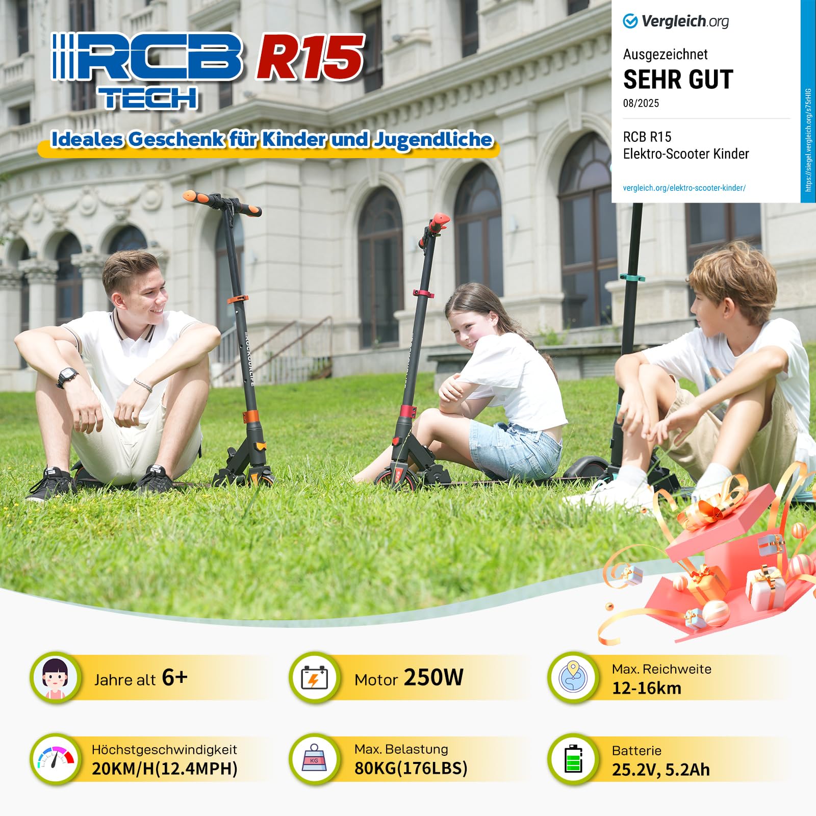 RCB TECH E-Scooter Kinder (8-12-16 Jahre) - Faltbarer Elektroroller für Kinder - Max Reichweite 16 KM - Max. 20 KM/H - Geschenk für Kinder und Jugendliche