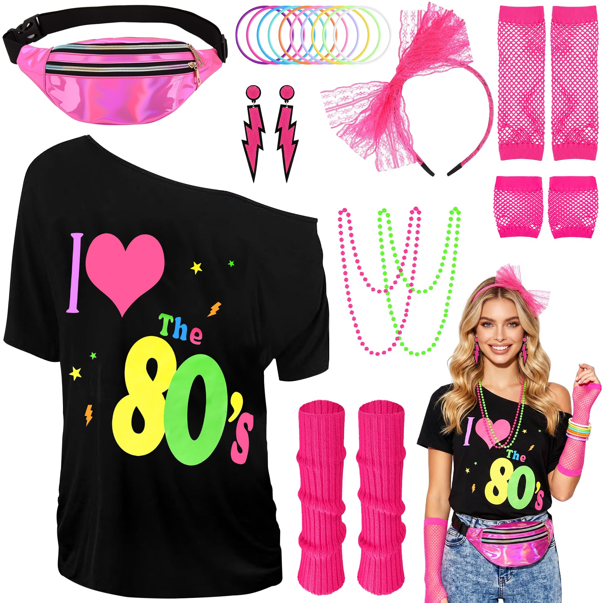 80er Jahre Kostüm Damen Set, 80s Outfit Frauen mit T-Shirt Gürteltasche Beinstulpen Netzhandchuhe Neon Schmuck, 80er Jahre Kleidung für Karneval Fasching Mottoparty Disco