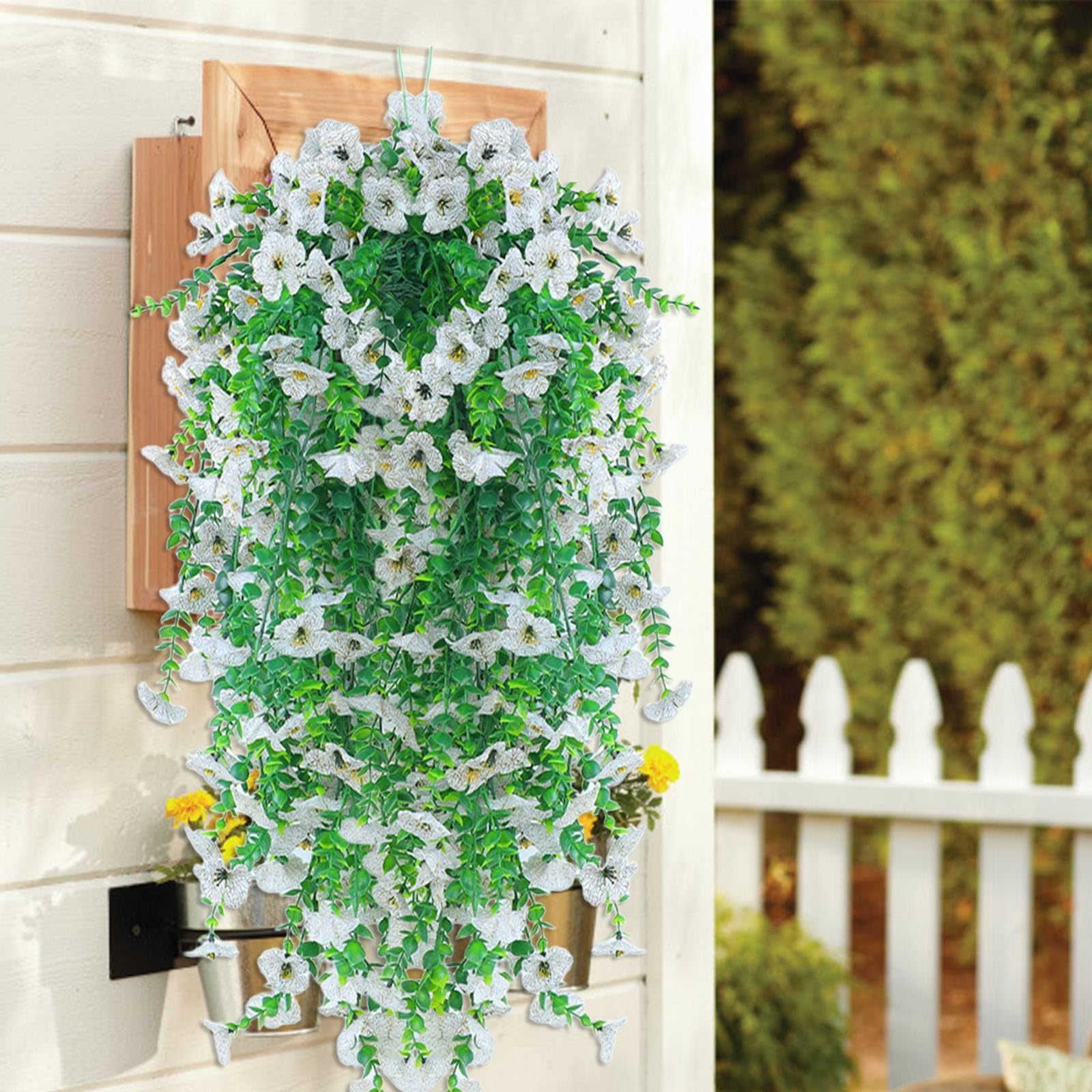 Artificial Hanging Flowers Outdoor - UV-Resistant Fake Artificial Hanging Plants Bouquet Trailing Wall Flower Baskets for Wall Home Garden Yard Wedding Indoor Outdoor Decoration (White)