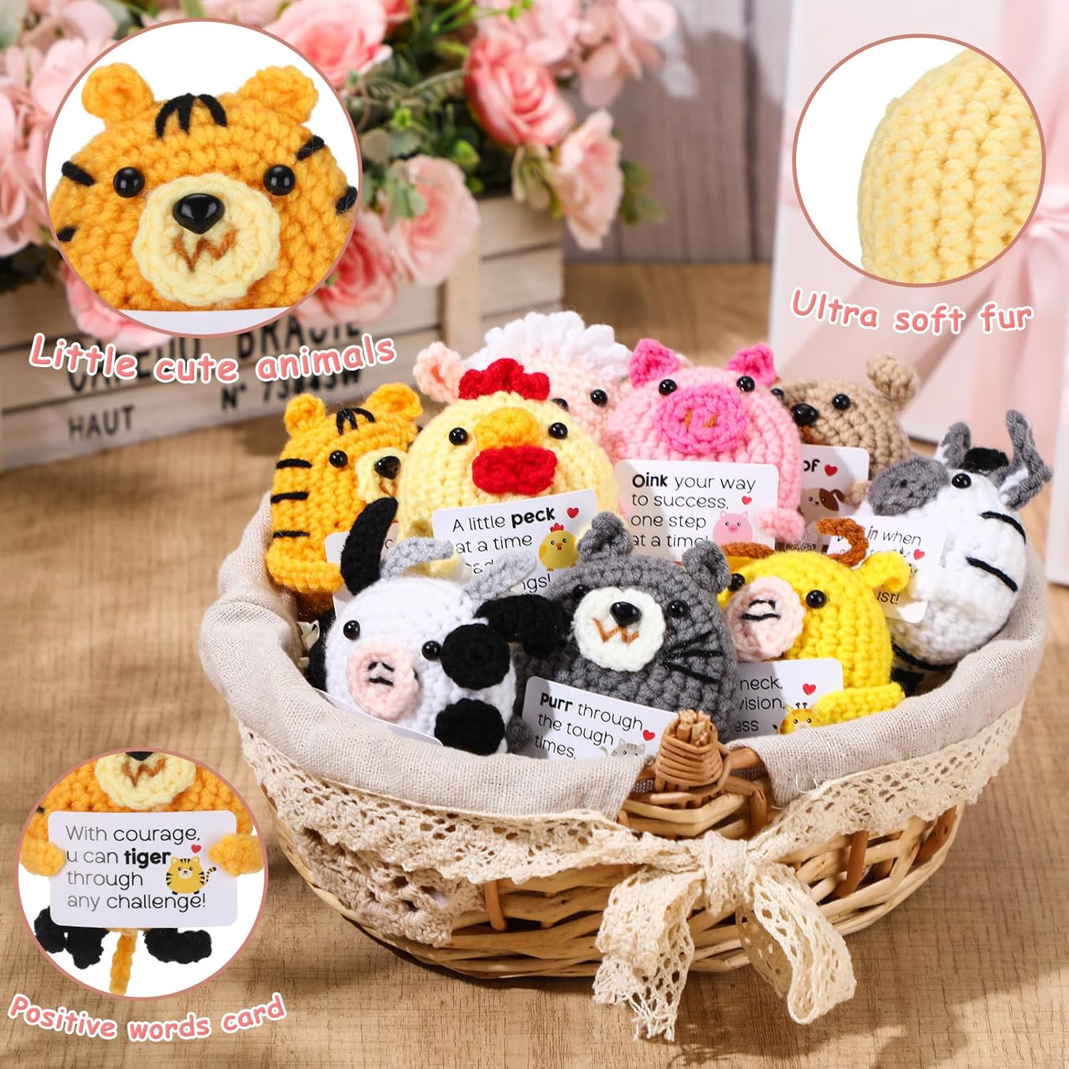 9 Pcs Crochet Teacher Appreciation Gifts Bulk Handmade Farm Animals with Positive Cards for Women Coworkers Staff Team Birthday Party Favors Stocking Stuffers Office Decor Gifts - Image 5