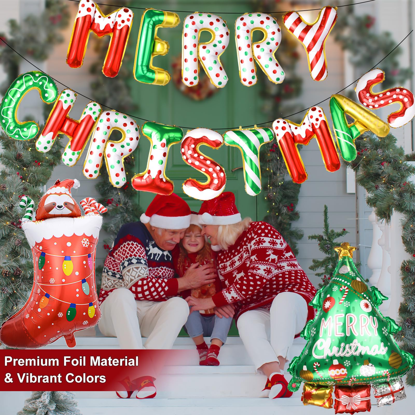 Frohe Weihnachten Luftballons Banner Kit – 14 Buchstaben Weihnachtsmann-Baumstrumpf Folienballons für Xmas Party Dekor, kein Helium erforderlich, Innen- und Außendekorationen