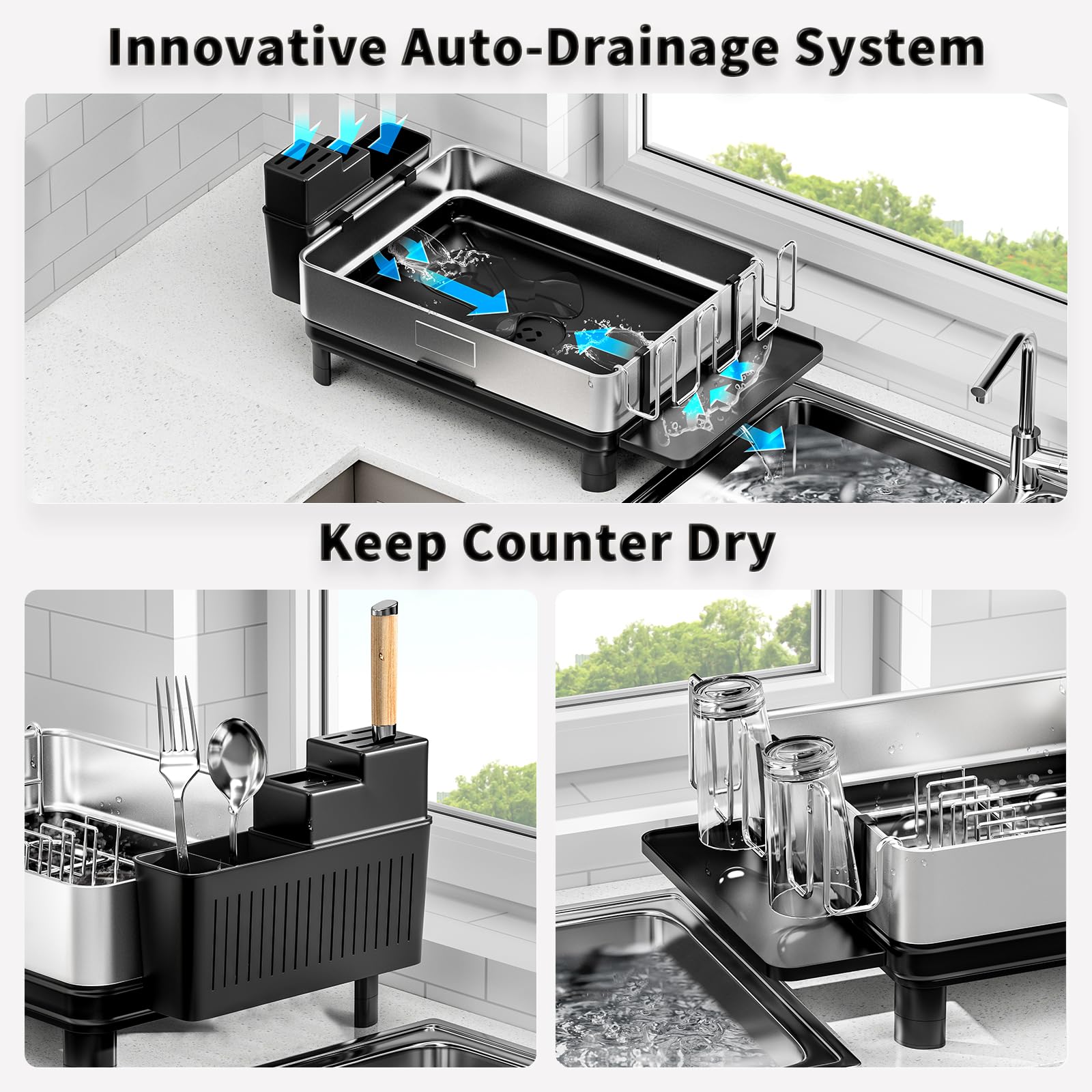 Abtropfgestell, 304 Edelstahl, Geschirrständer für Küchentheke | Abtropfgestell mit automatischer Drainage, Utensilienhalter und Becherhalter, platzsparender Küchenorganizer, Schwarz