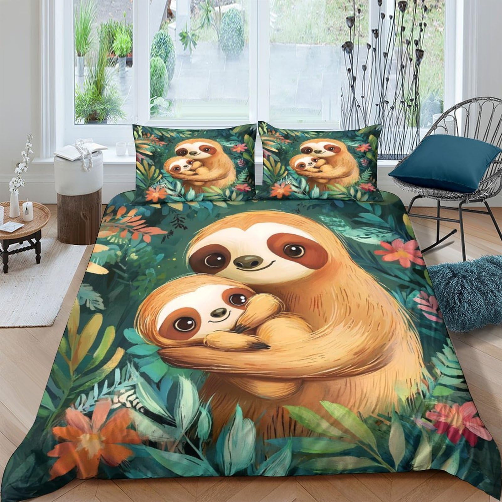 Ctjqhvkz Style-2 3D Printed Sloth Family Fitted Sheet Microfiber Soft Bedroom Decor Jungle Animal Mattress Cover For Home Dorm Single（135X200cm）