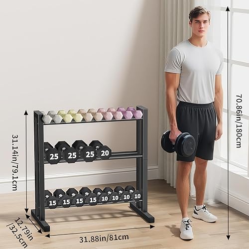 Miniatura 5 de Soporte para mancuernas de 31 pulgadas, soporte de pesas rusas de capacidad de 450 libras, soporte de mancuernas resistente de 3 niveles para
