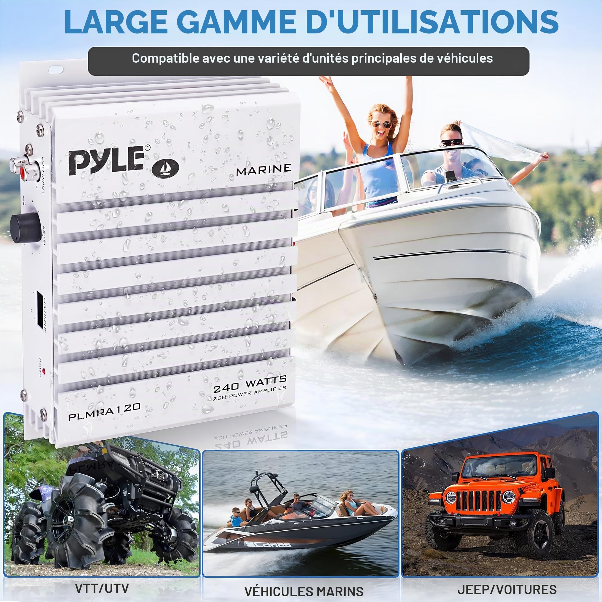 Amplificateur Pyle étanche avec 2 canaux et une puissance de 240 Watts. Idéal pour bateau, scooter de mer etc.