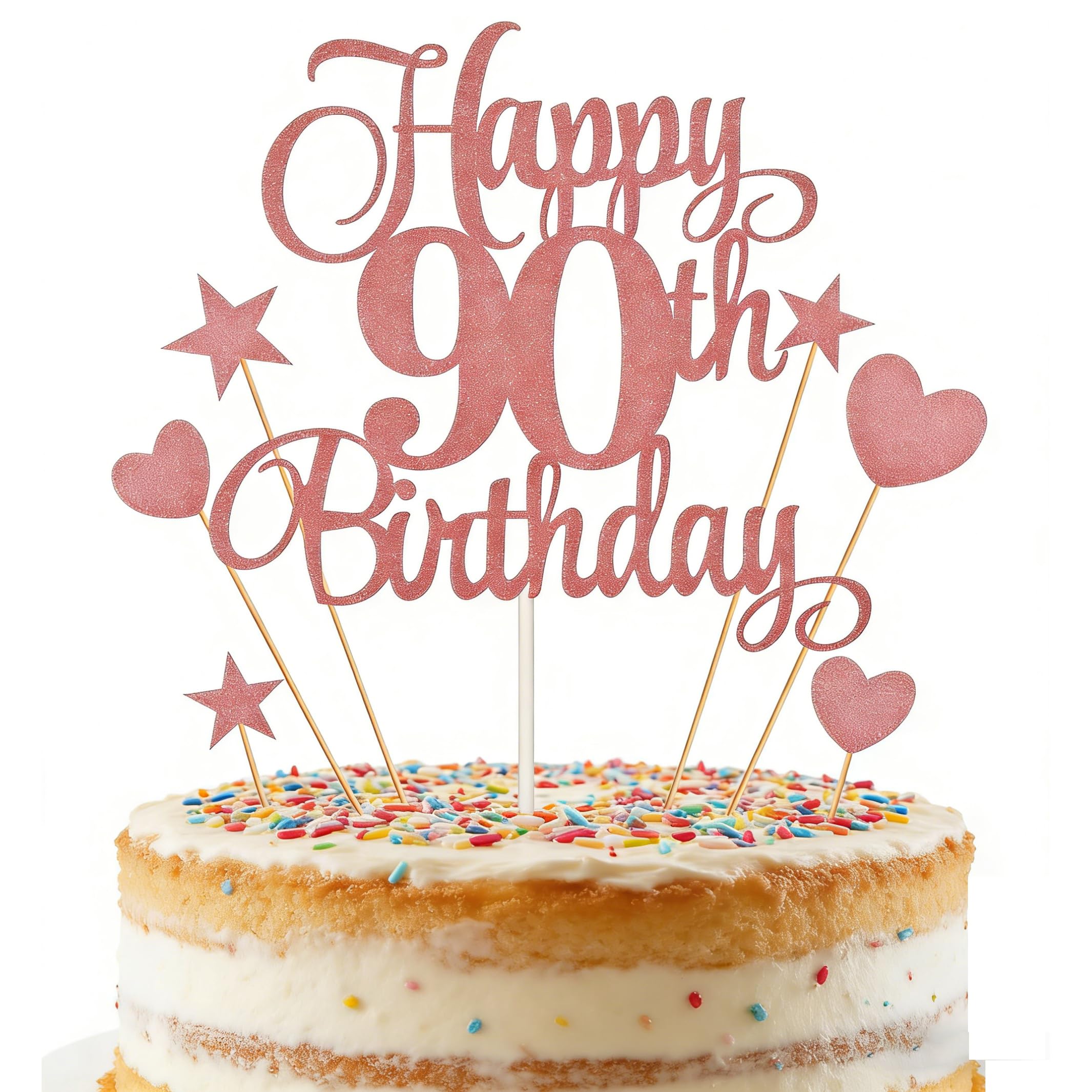 "90th Birthday Cake Topper - Rose Gold Luxury Non-Edible Decorations Set with Number 90, Hearts & Stars - Premium Thick Cardboard Party Supplies for 90th Birthday Celebration"