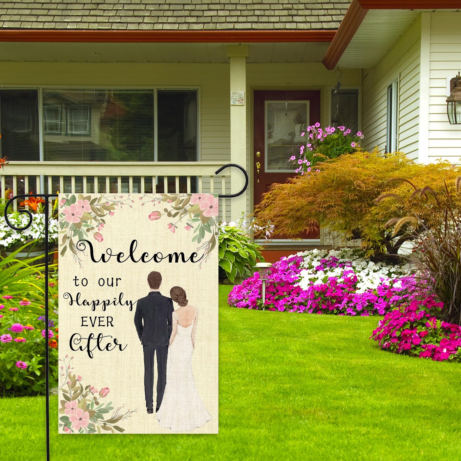 ShuanQ Hochzeits-Gartenflagge „Welcome To Our Happily Ever After“ – 45,7x31,8 Cm, Doppelseitig