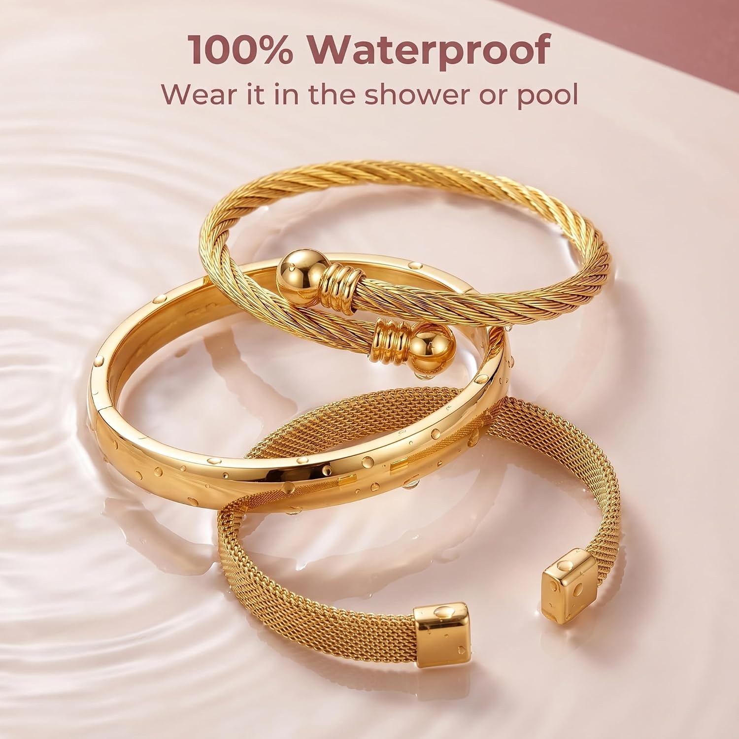 Waterproof Stackable Cuff Bracelets for Women Set of 3 - Non Tarnish Stainless Steel Bracelet Set, Adjustable Mesh, Cable Wire & Hinged Bangle Jewelry Gift