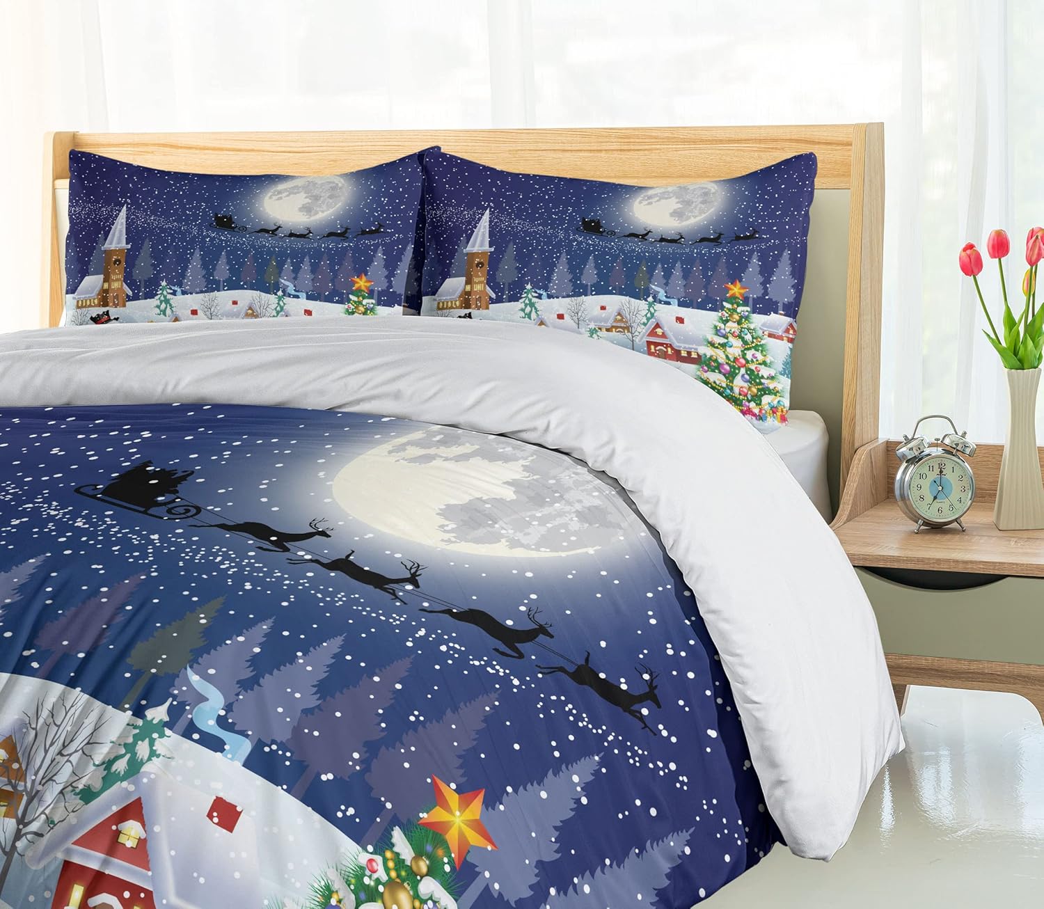 Ambesonne Christmas Duvet Cover Set, Winter Season Snowman Xmas Tree Santa Sleigh Moon Present Boxes Snow and Stars, Decorative 3 Piece Bedding Set with 2 Pillow Shams, King Size, White Blue King White Blue