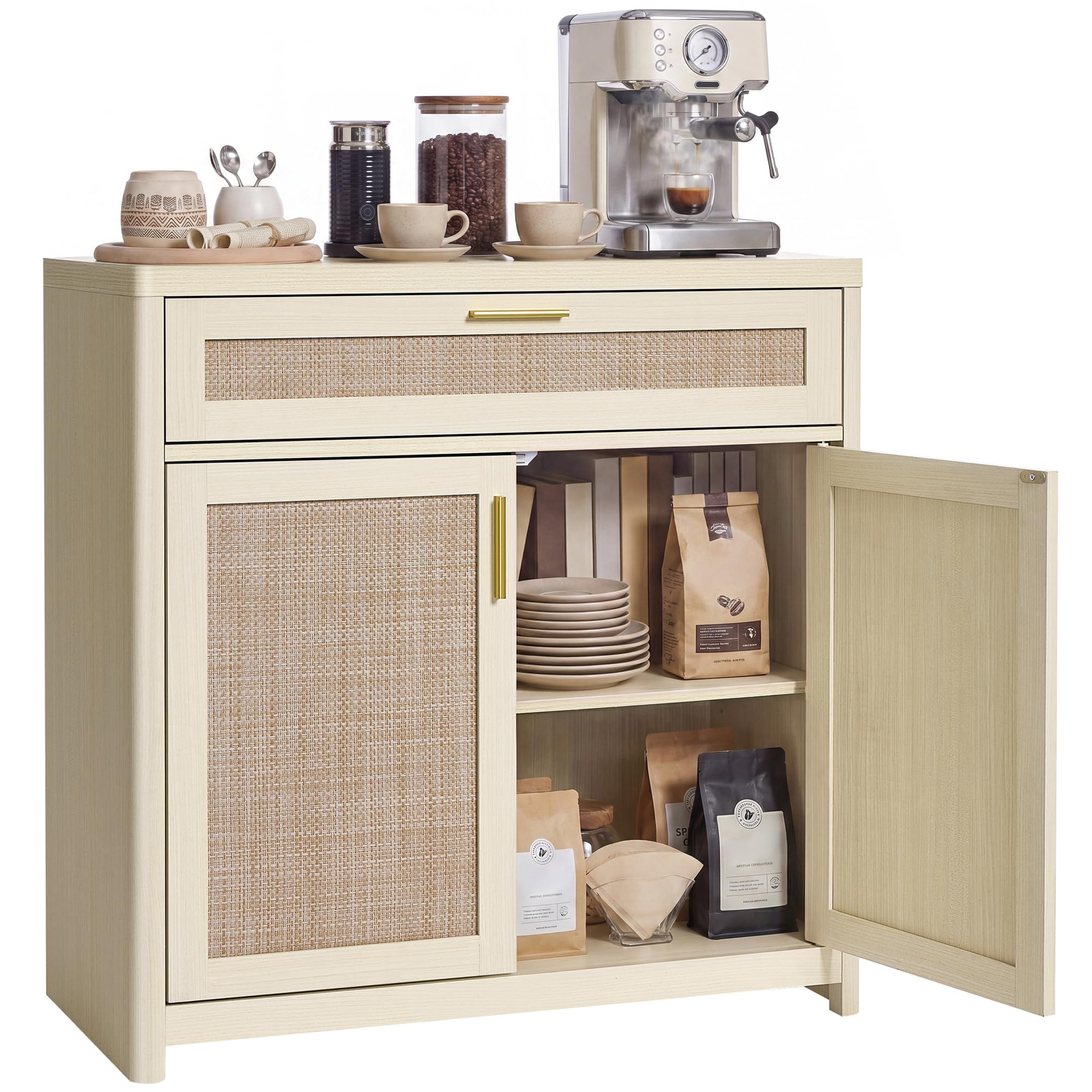 VASAGLE ELLAN Collezione - Credenza in Stile Boho con Ante Effetto Rattan, Mobile da Cucina, Angoli Arrotondati, Ripiano Regolabile, Cassetto, Sala da Pranzo, Beige Naturale BBK601LC01
