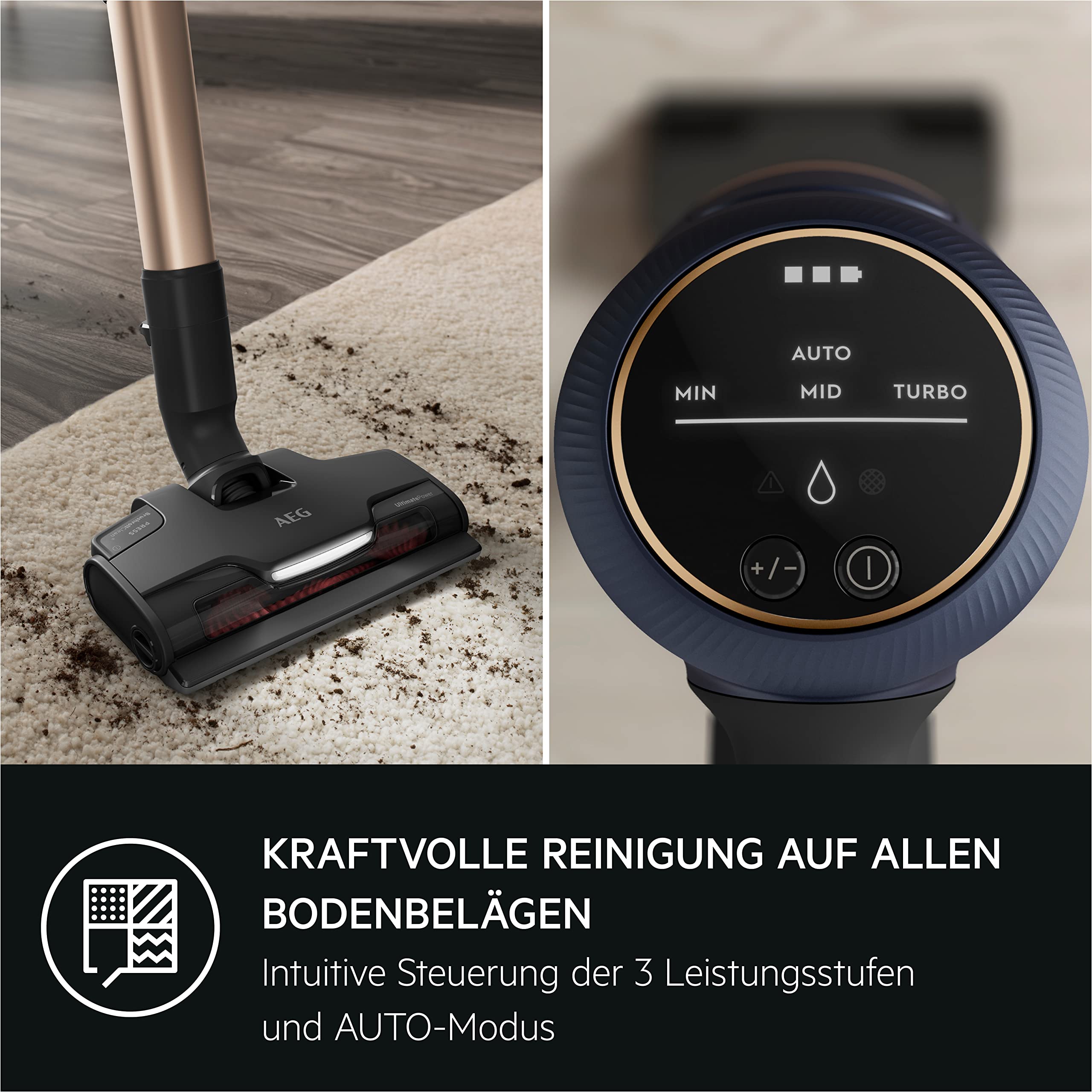 AEG HYGIENIC 8000 AP81B25WET Akku Staubsauger mit Wischfunktion/Automatik / 5-Stufen Filtration/Digitale Anzeige/Multi-Bodendüse & Mop-Düse / 3 Stufen/Akku wechselbar/Zubehör / 400ml / blau