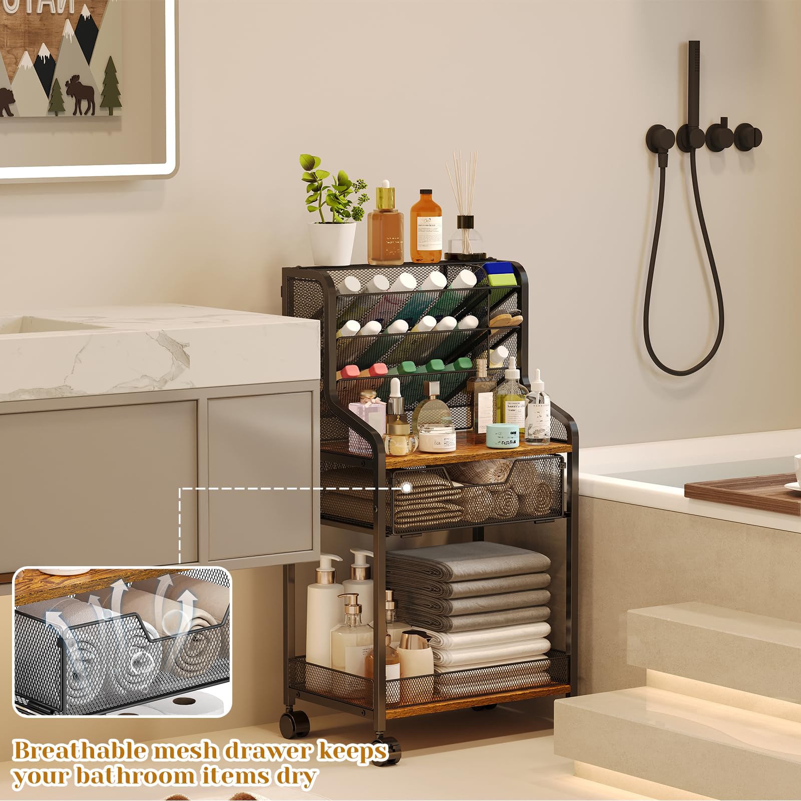 Jakyitvi 6-Tier Rolling Bathroom Storage Cart with Mesh Drawer, Metal Utility Cart with Lockable Wheels for Towels, Toiletries, and Cleaning Supplies, Organization Cart for Bathroom, Kitchen, Laundry