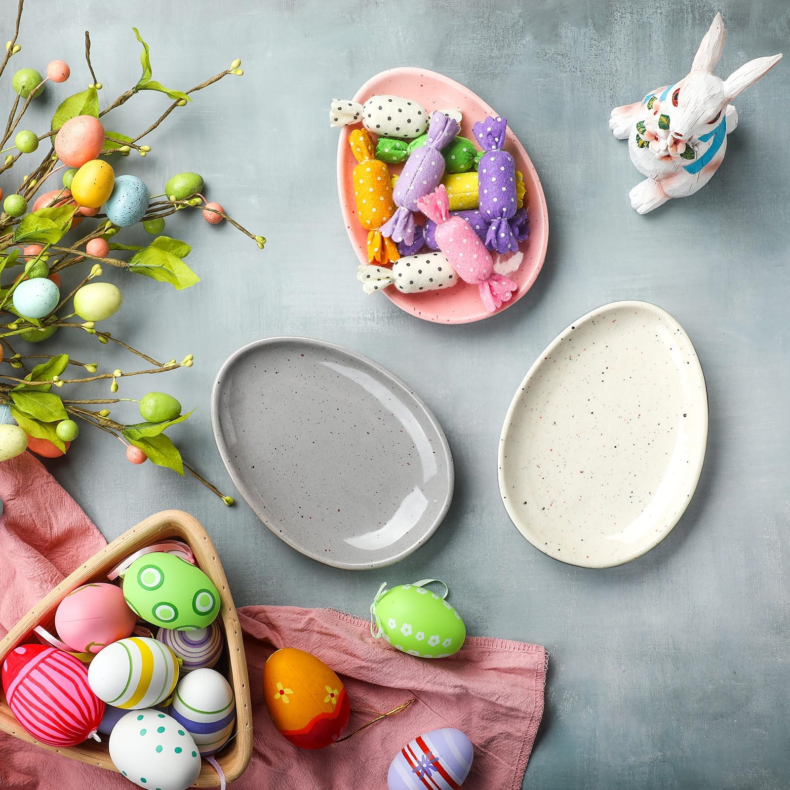3 Pcs Easter Egg Candy Dish Set Home Decor Pink Gray Creamy White Egg Shape Ceramic Supplies Easter Decor Crafts Candy Decor Items Desktop Decor