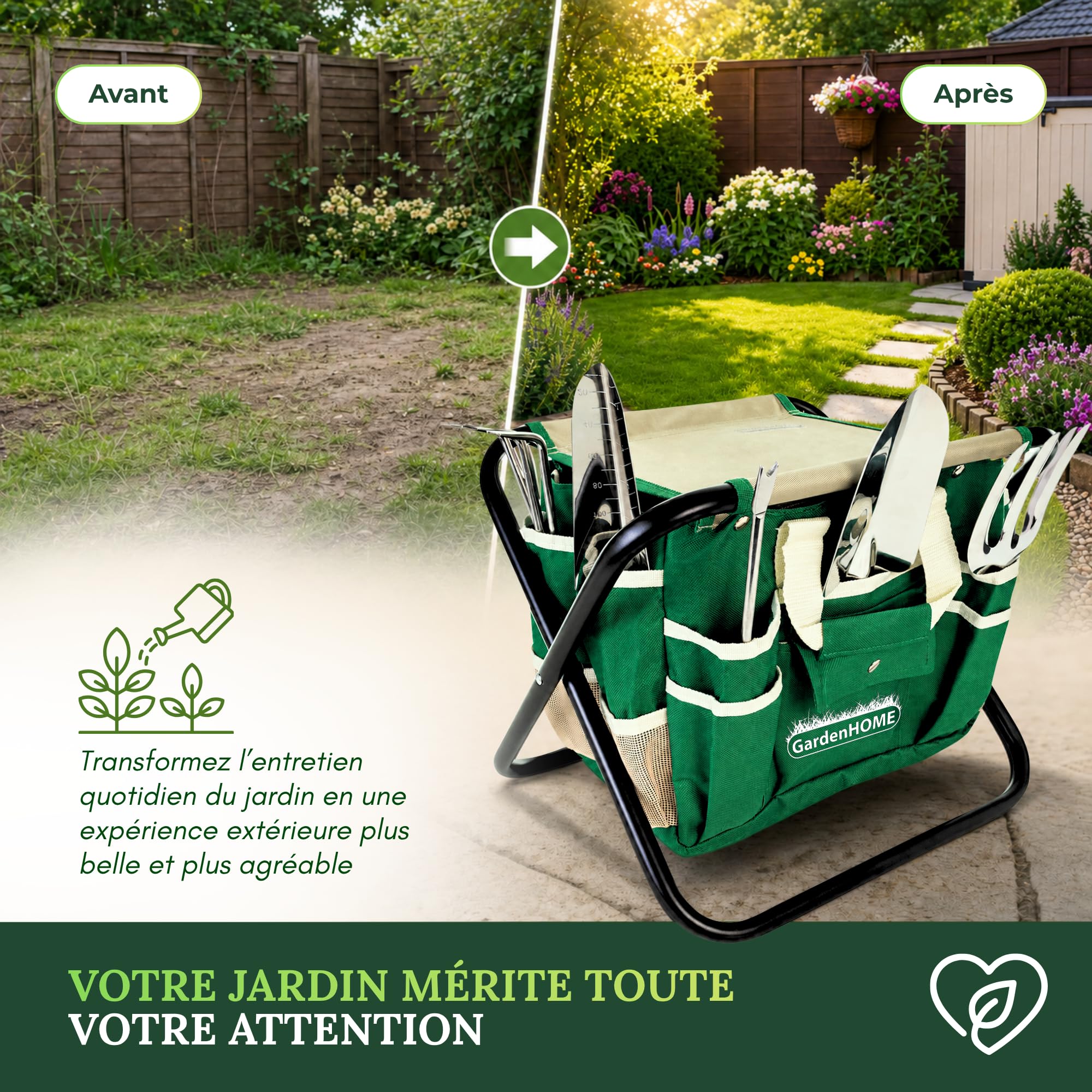 GardenHOME Kit Complet d'Outils de Jardinage - 7 Pièces, Acier Inoxydable Robuste, Tabouret Pliant Solide, Sac à Outils Détachable