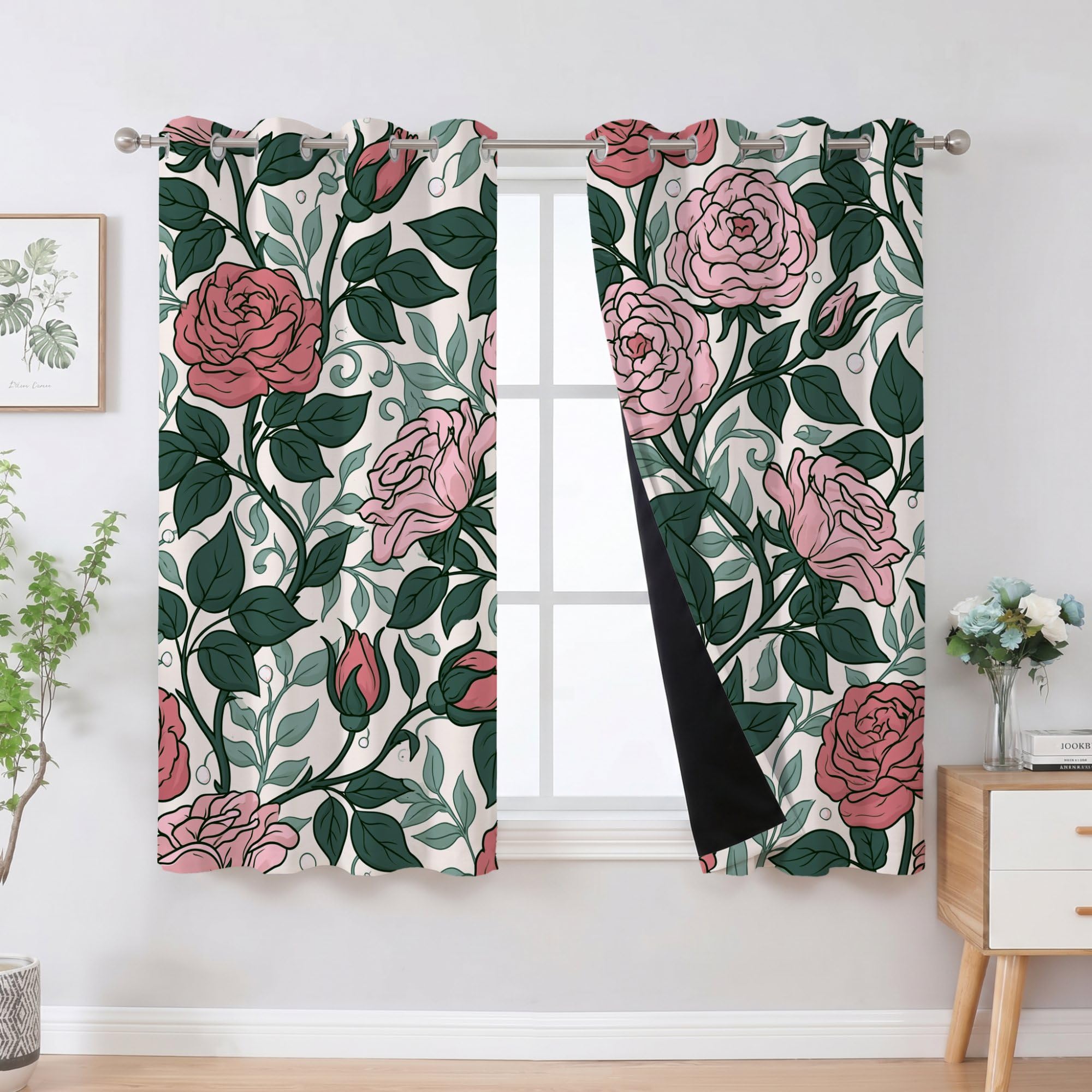 Cortinas opacas estampadas, 225 x 140 cm (alto x ancho x ancho), color rosa