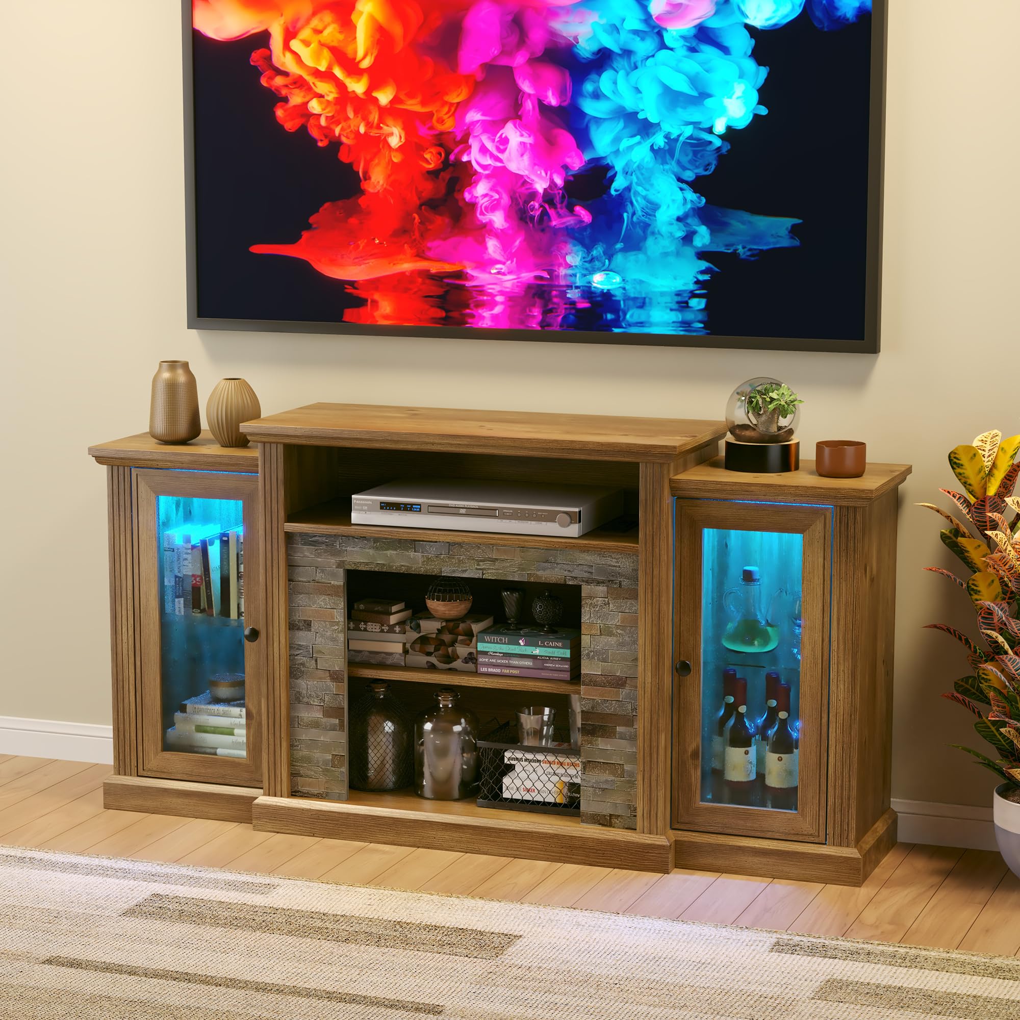 TRONLEE 59 inch TV Stand, Farmhouse Entertainment Center with LED Lighted Display Cabinets, Console Table with Faux Flat Stone Texture for Living Room