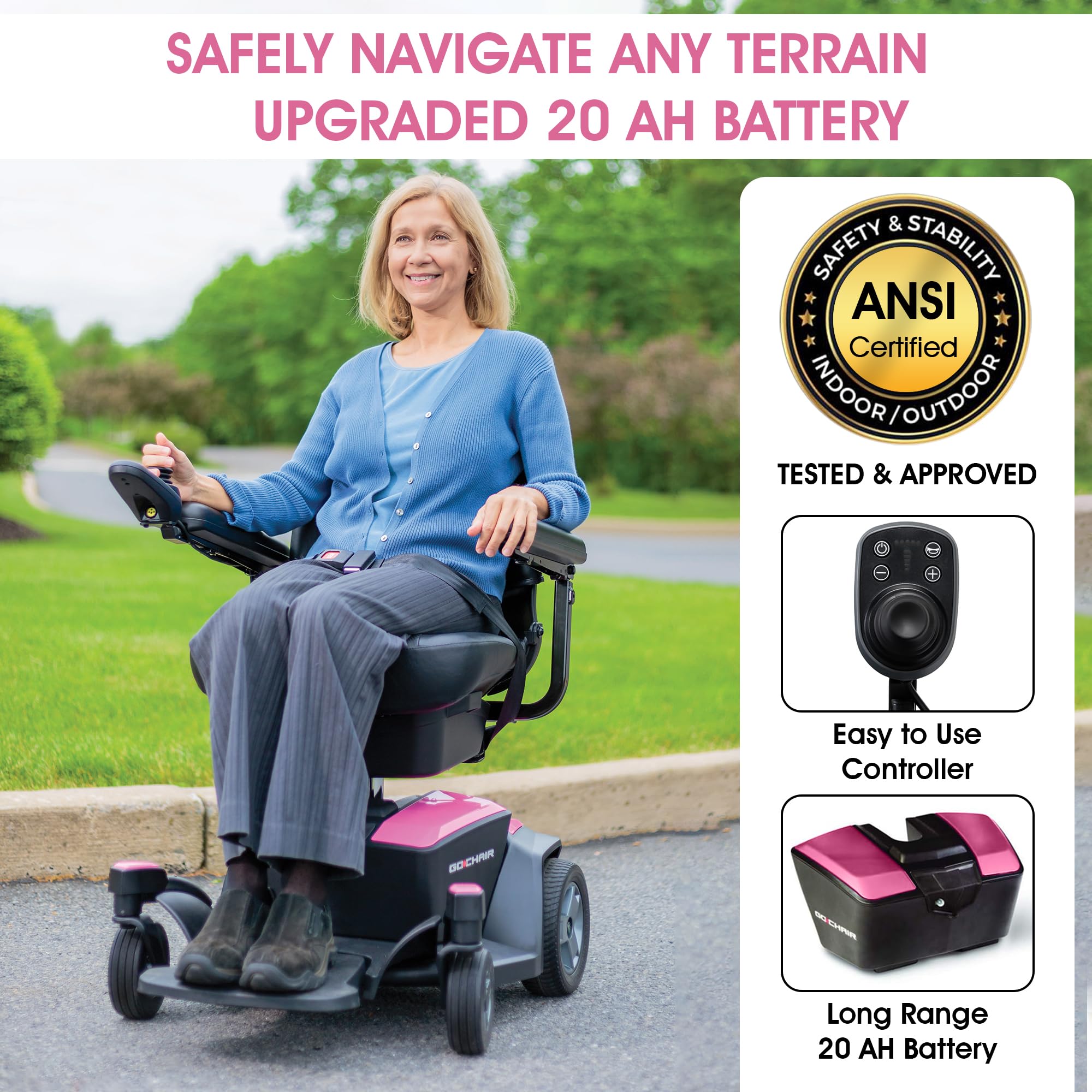 GO Chair Portable Electric Wheelchair for Adults+ Rear Basket, Cup Holder, Saddle Bag Compat. with Pride Mobility l 300 lbs Wt. Capacity, Ext. Warranty (Rose Quartz, 20