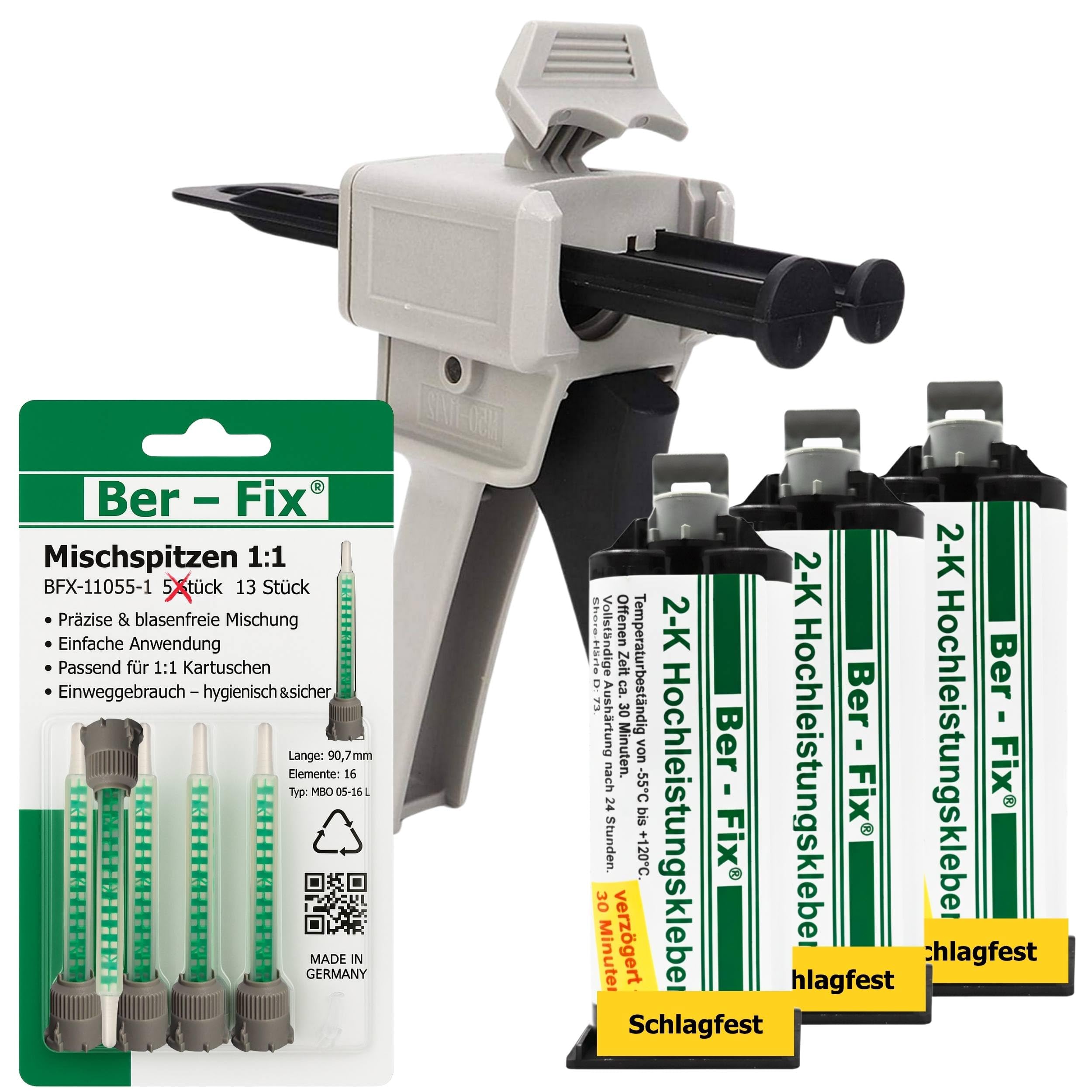 Ber-Fix Hochleistungskleber 2K MMA 30 Min 3x50g + 13 Düsen + Pistole
