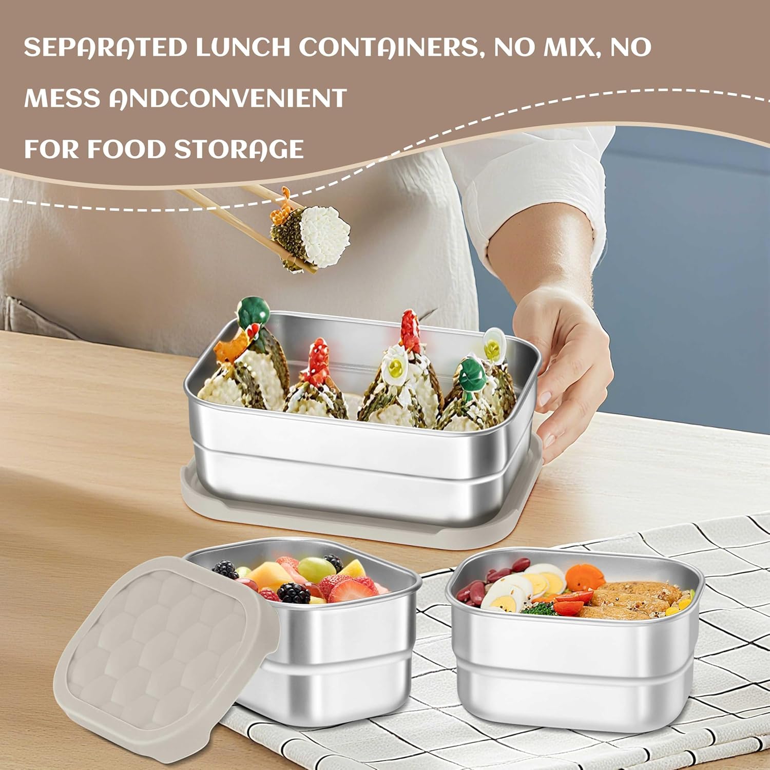 HaWare Stainless Steel Lunch Box Containers for Kids, Leak Proof Food Storage Containers with Khaki Silicone Lids, Easy Open Bento Box for School and Daycare, Portable Metal Snack Box (8oz*2+25oz) - Image 5