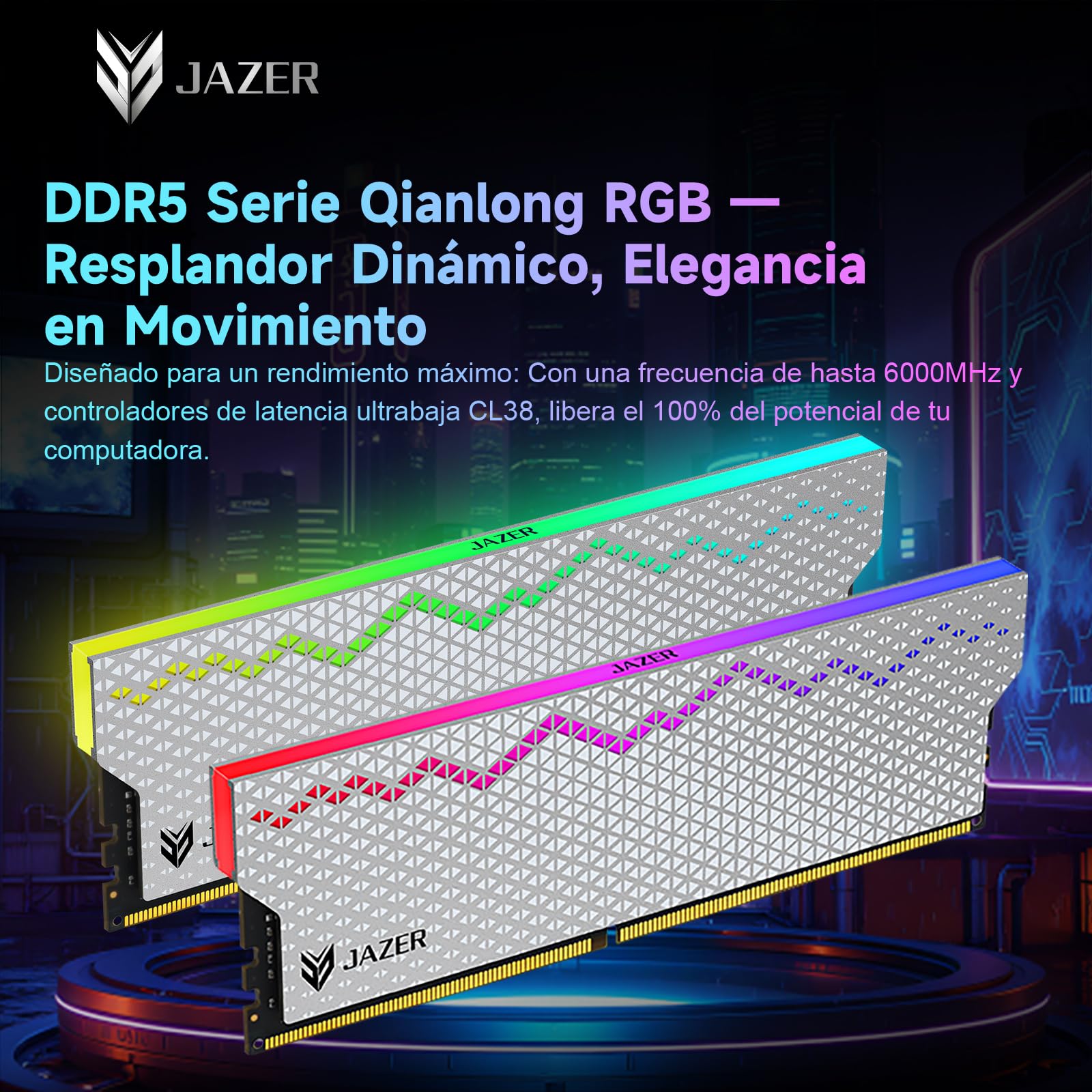 JAZER DDR5 RGB RAM 32GB Kit (2X16GB) 6000MT/s CL38 UDIMM 288-pin, XMP 3.0/EXP0 32GB DDR5 Desktop Gaming Memoria