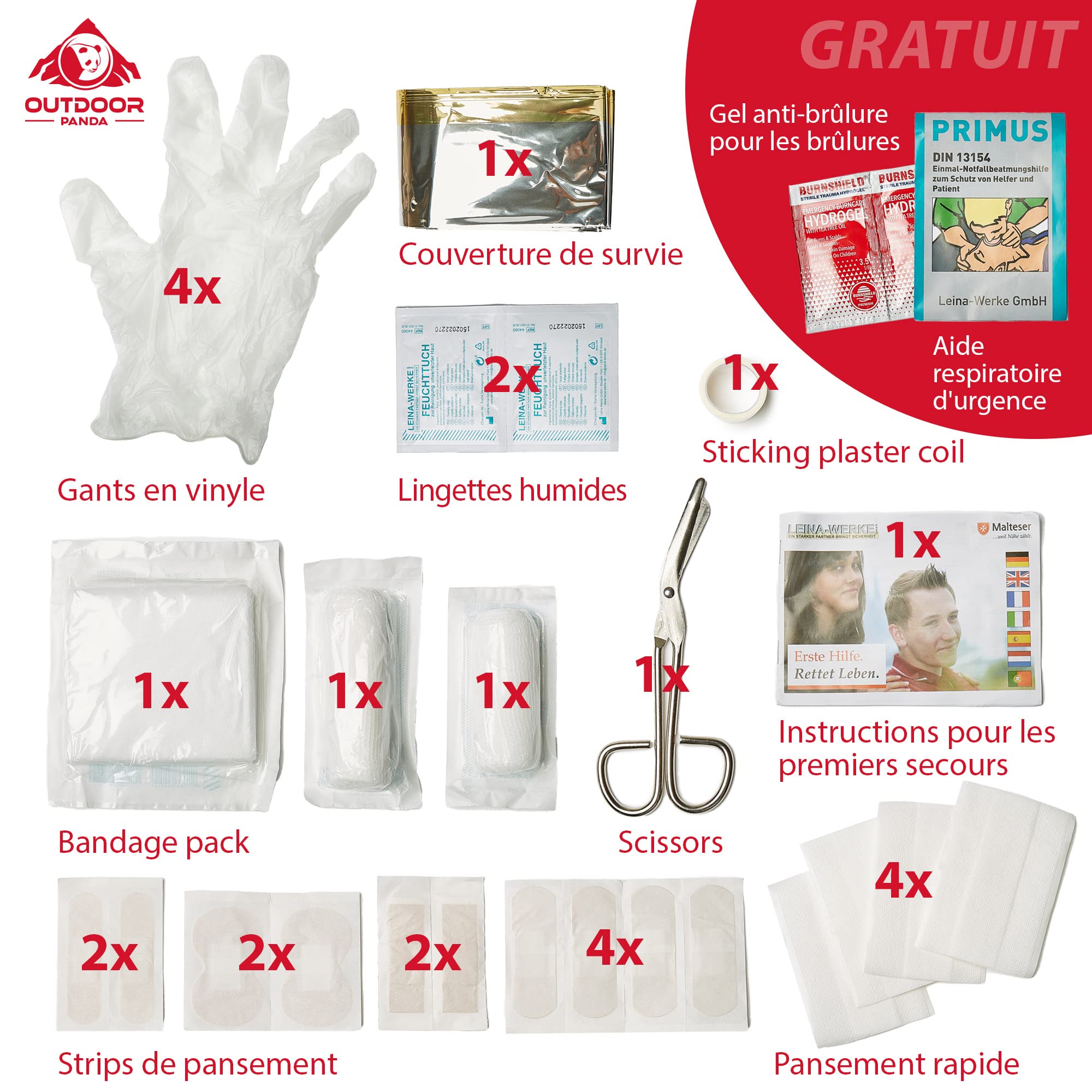 Kit de premiers secours d'urgence avec contenu en provenance d'Allemagne selon la norme DIN 13167 + aide respiratoire d'urgence + gel Burnshield pour brûlures