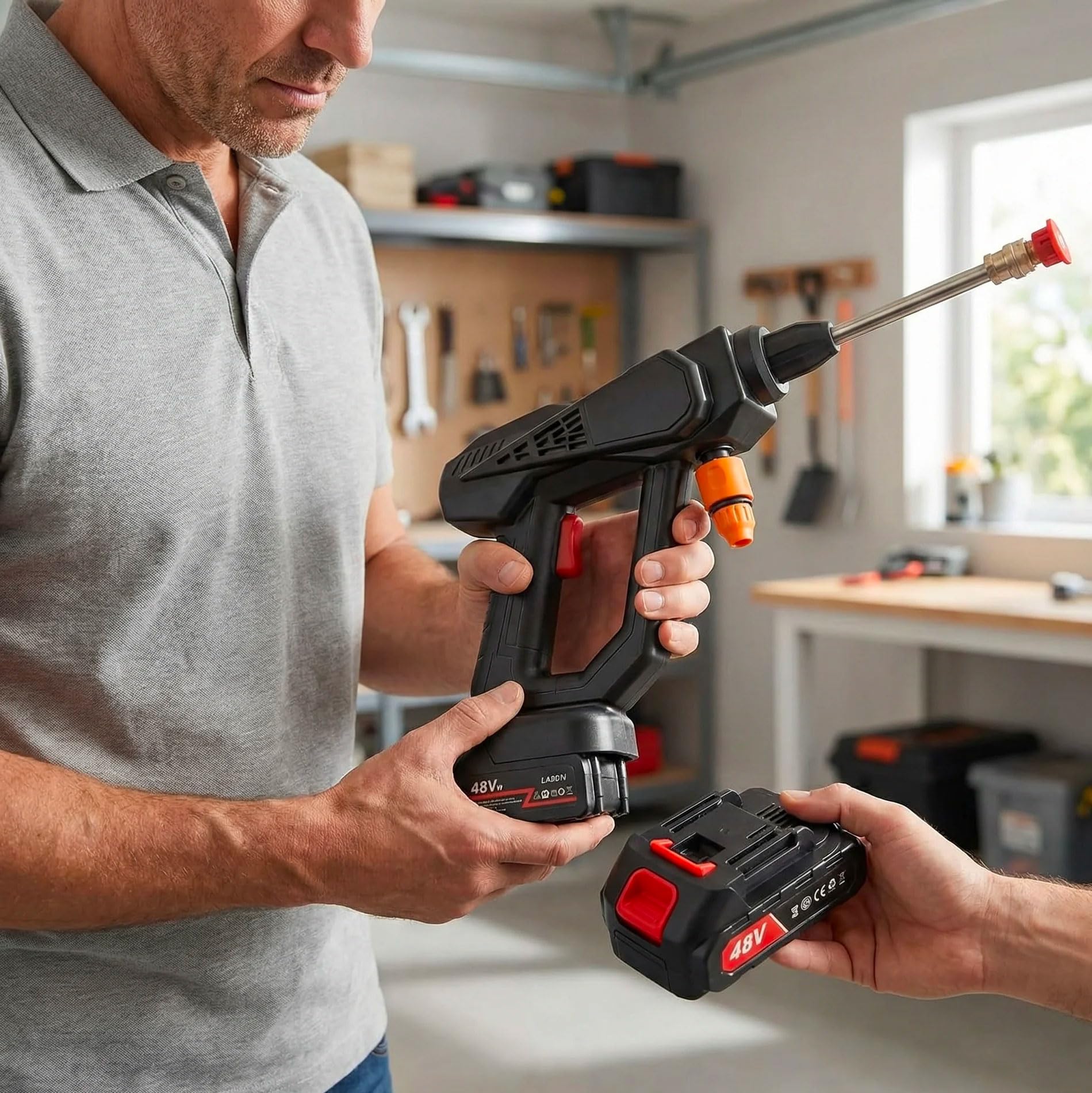 081 Store - Idropulitrice a Batteria 48 V 30 Bar Portatile Senza Fili – 2 Batterie 8000 mAh, 6 Getti Regolabili, Tubo 3 m con Valigetta – Per Auto, Giardino e Pavimenti – Garanzia 2 Anni