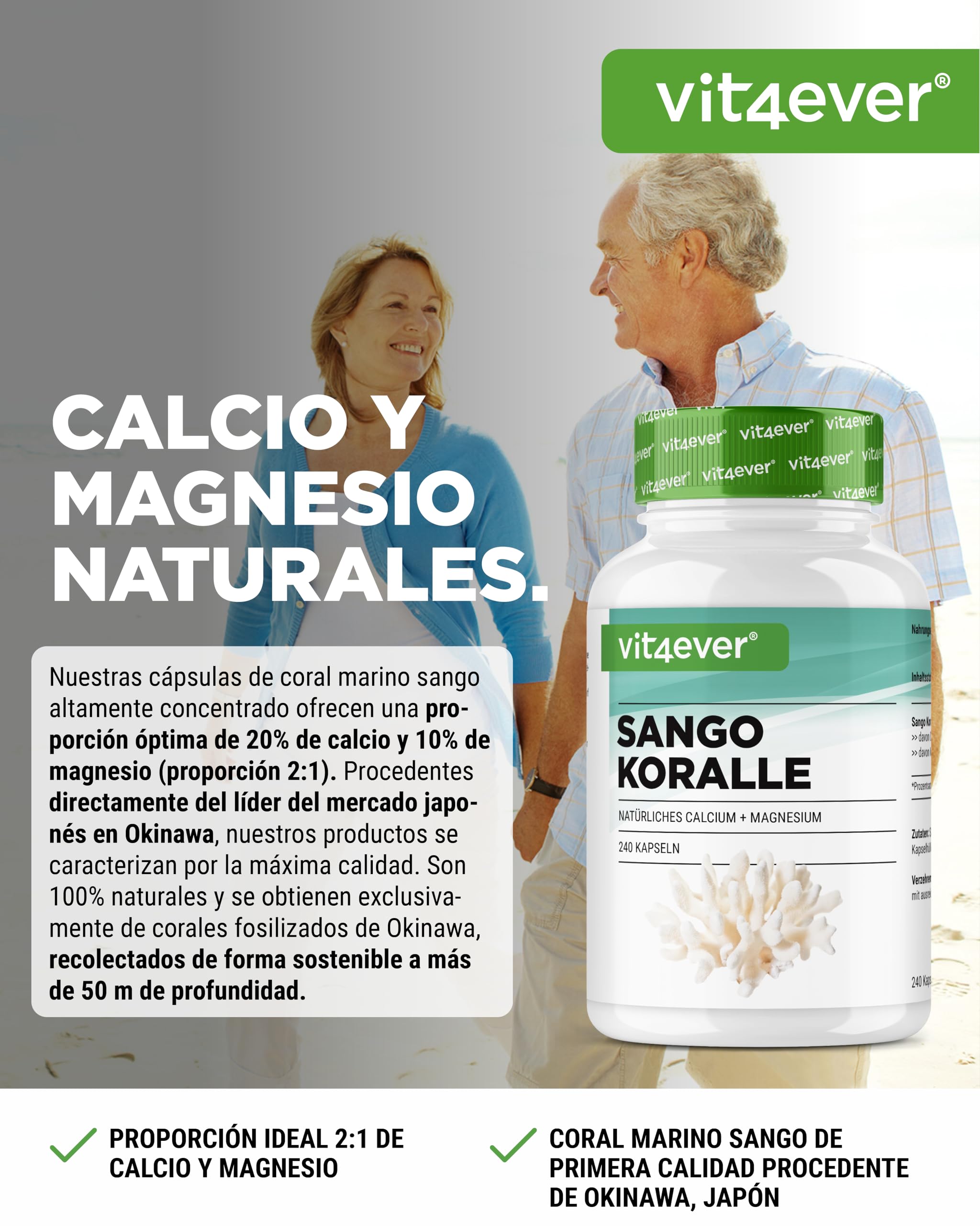 vit4ever Coral Marino Sango - 240 Cápsulas (3 Meses) - 660 mg de Calcio y 330 mg de Magnesio - Fuente natural de Calcio y Magnesio - Alta Dosificación