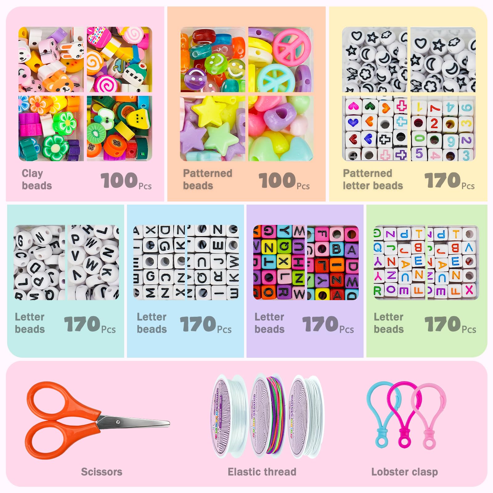 Gionlion Kit de fabrication de bracelets de 5 boîtes de 96 couleurs, perles poney – Kit de bracelets d'amitié avec 850 perles en forme de lettres arc-en-ciel pour fabrication de bijoux, cadeaux d'art
