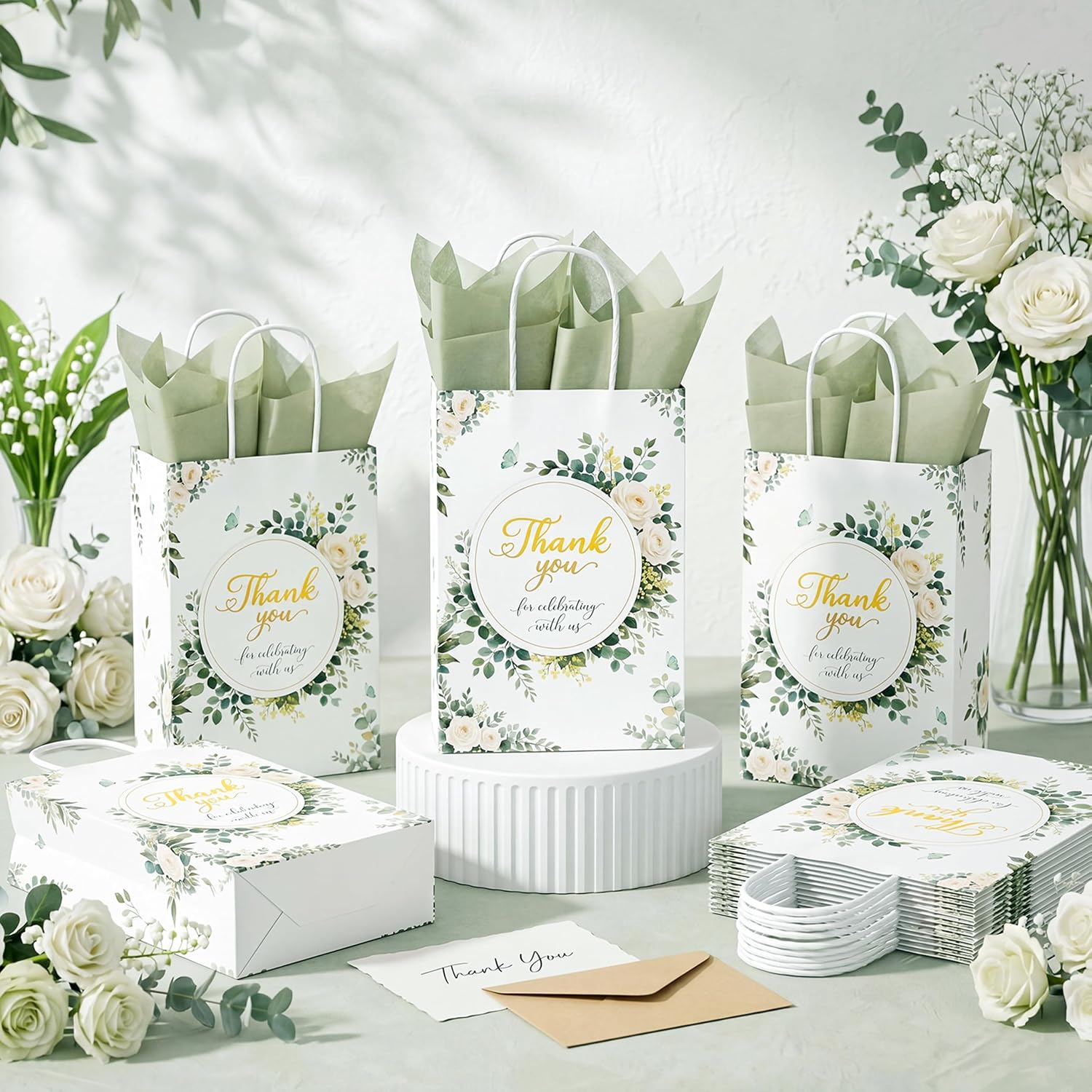 Poola Voidra 50 Sets Wedding Welcome Bags with 50 Sheets Tissue Paper, Welcome Wrapping Paper Gift Bags with Handle for Wedding Guests Thank You Hotel Party Favors Bridal Shower(Eucalyptus Leaf)